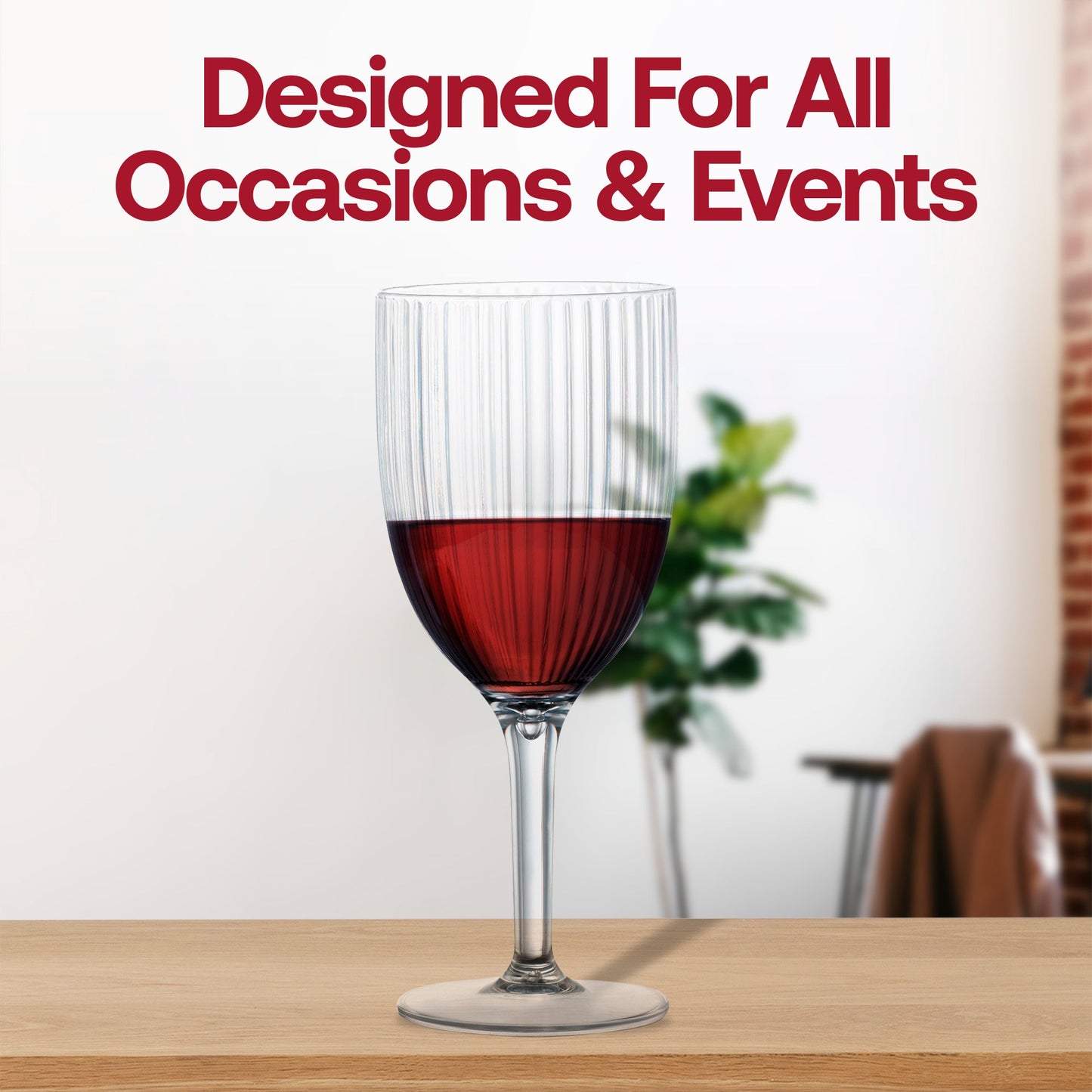 Elegant clear round plastic wine flute with a striped design, 12 oz capacity, disposable, sold in a 48-pack