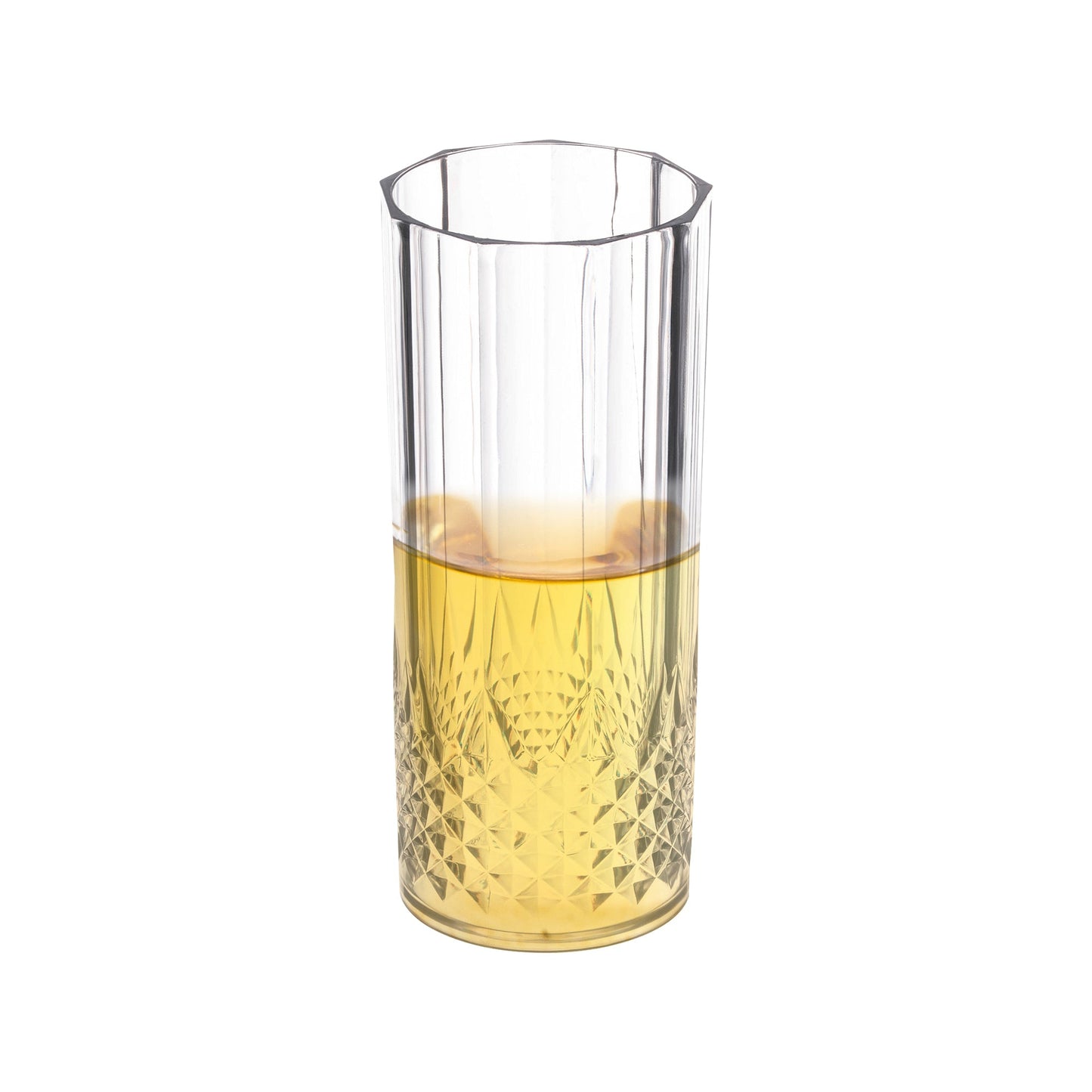 Elegant crystal-cut high ball plastic glasses, clear design, 14 oz capacity, 3x6 inches, set of 48