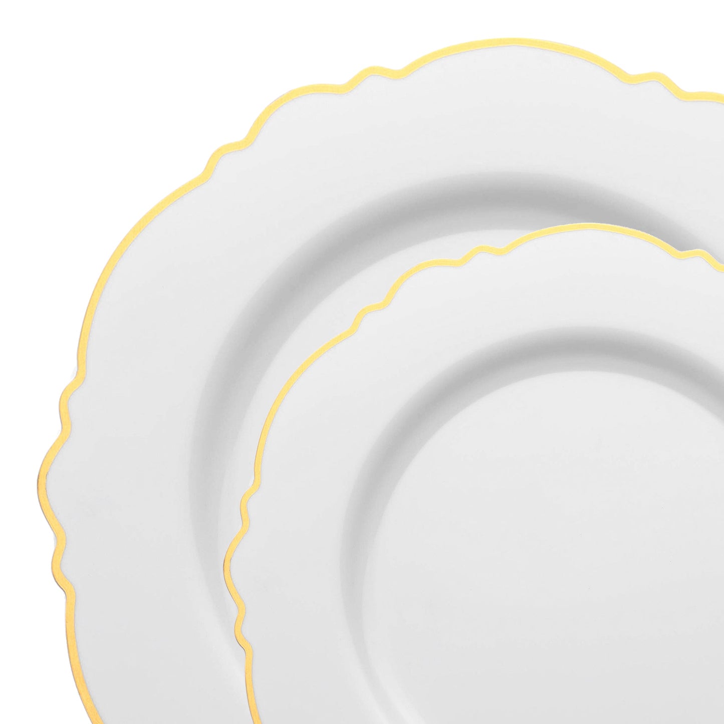 Elegant disposable plastic dinnerware set with gold rim, ideal for any event