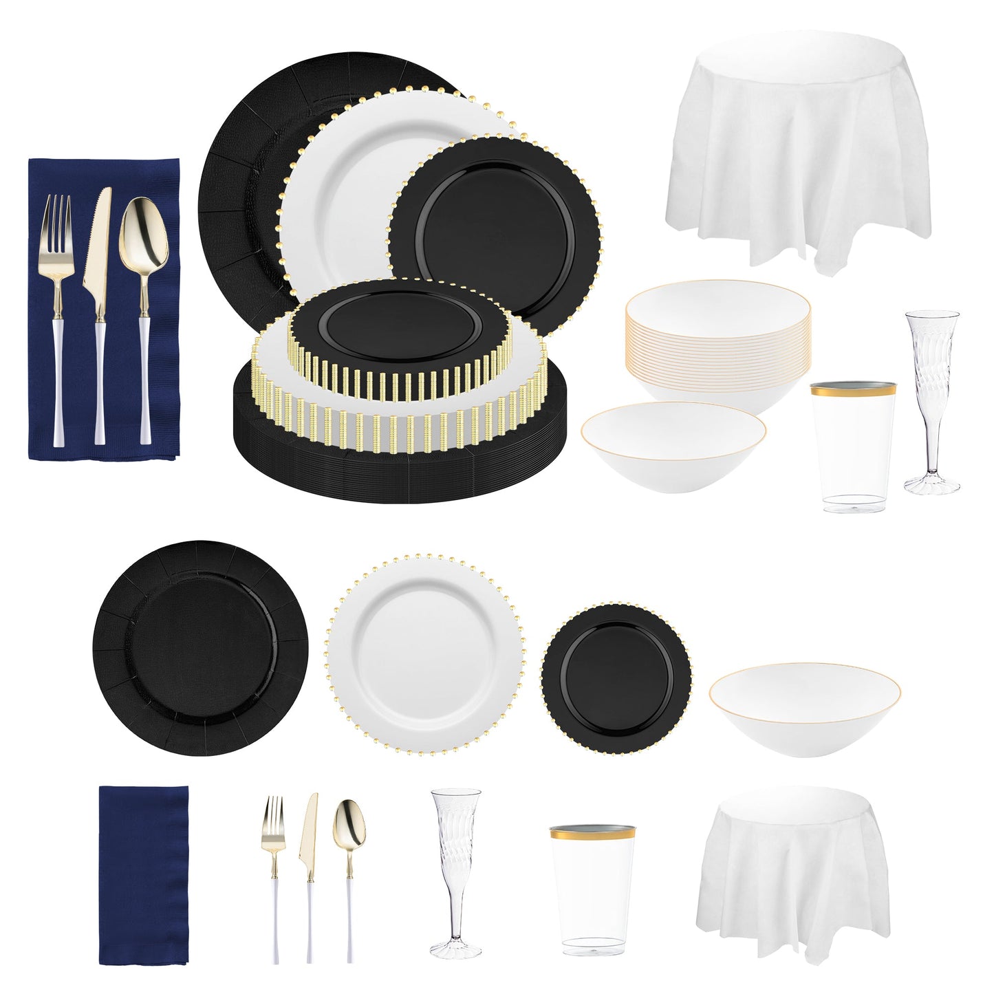 Elegant disposable wedding dinnerware set with black chargers and navy blue napkins for style.