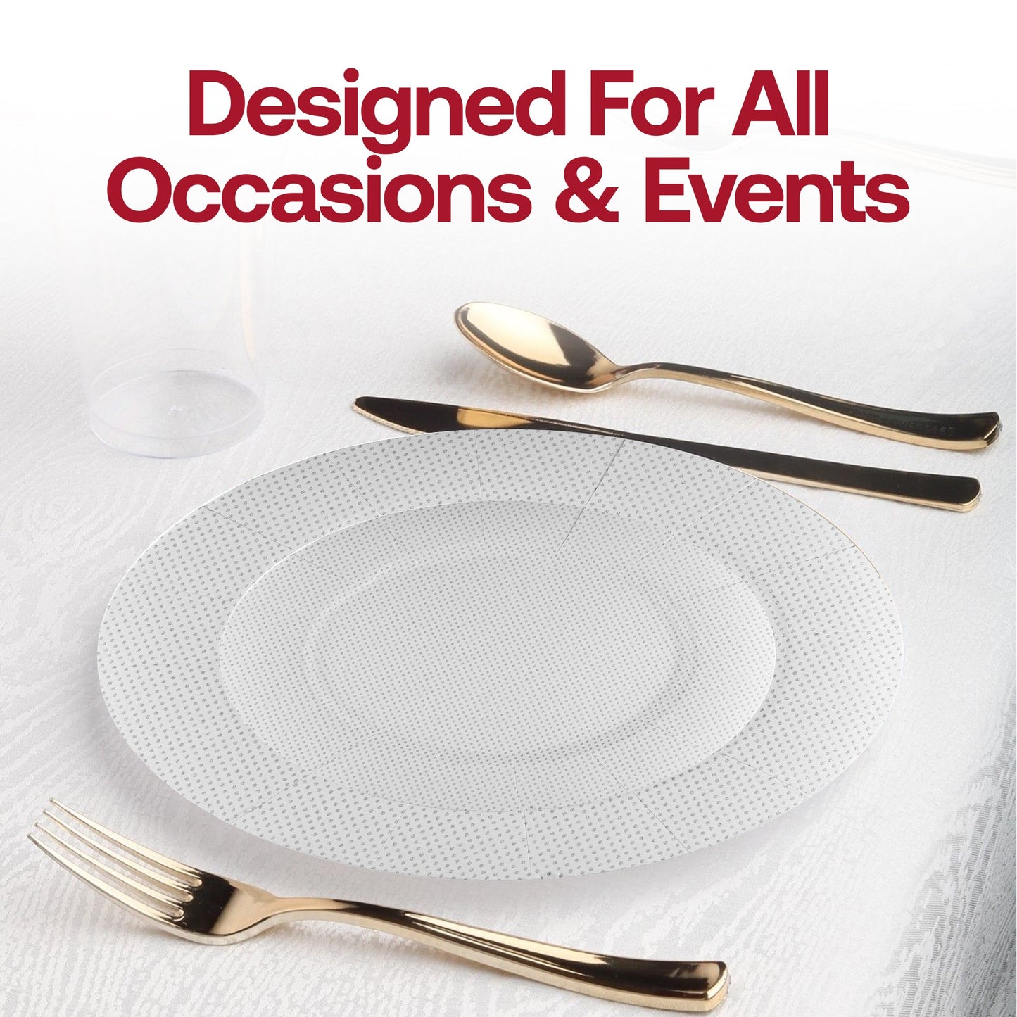 Elegant glitz white disposable charger plates, round design, 13-inch diameter, pack of 120