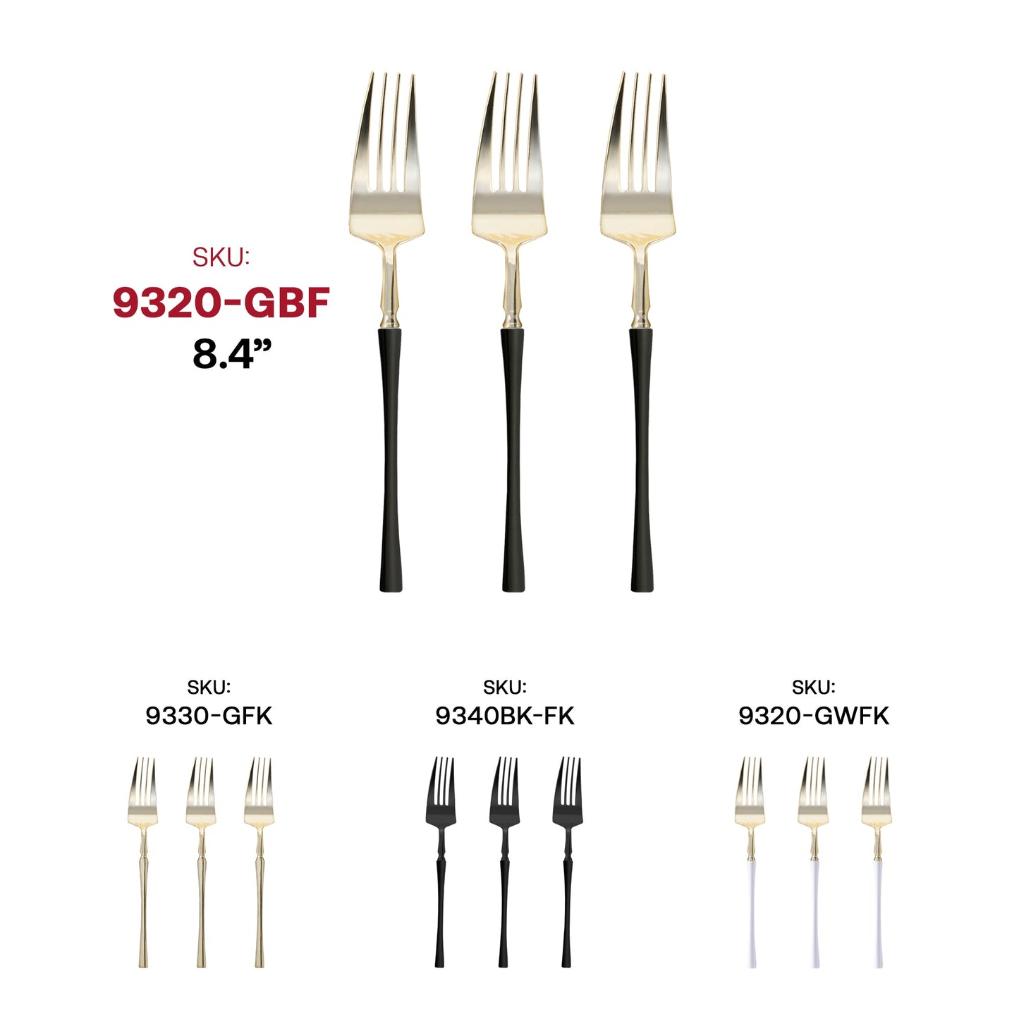 Elegant gold plastic dinner forks, 8.4 inches, accented with sophisticated black handles.