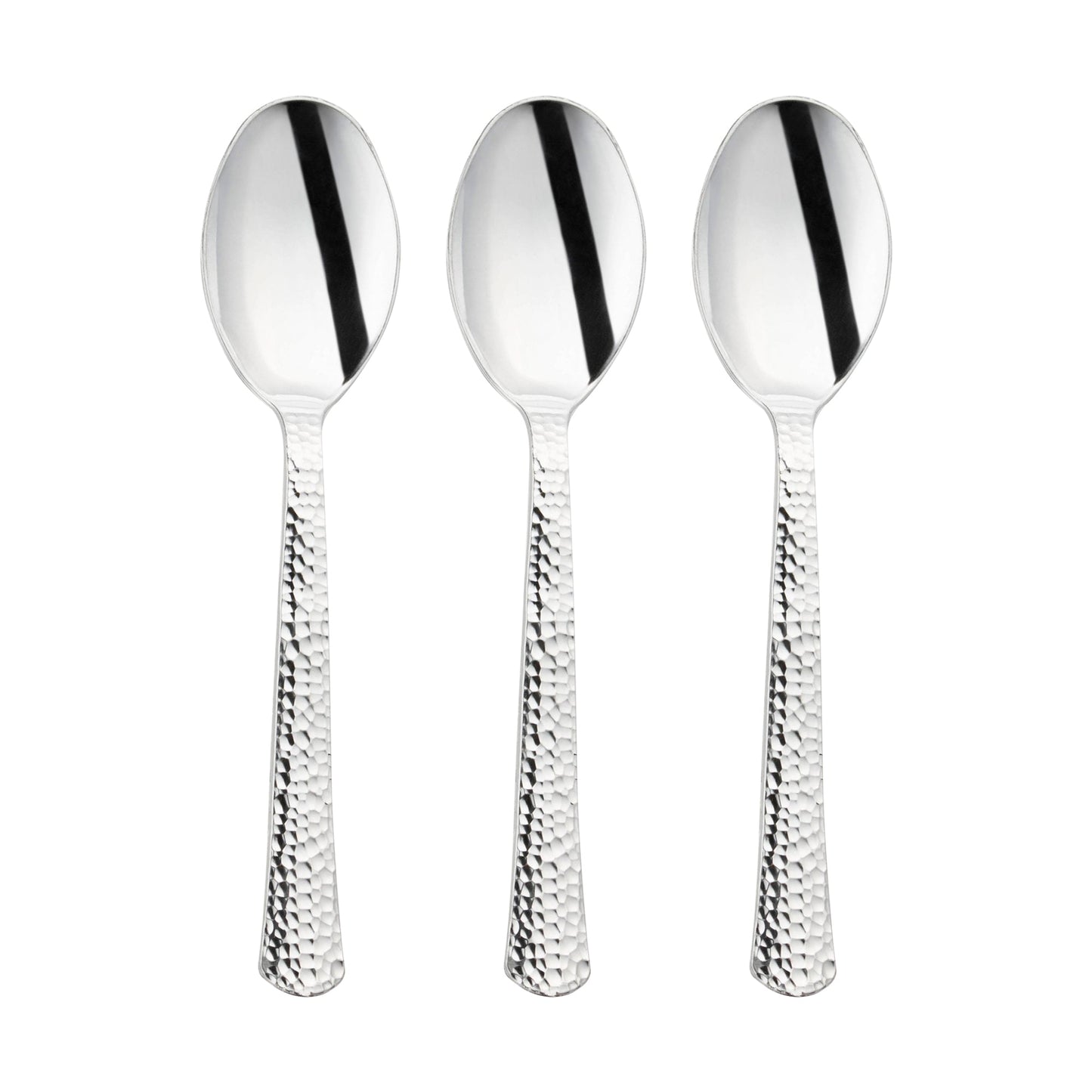 Elegant hammered silver plastic spoons, 6.75-inch, 1000-pack – Sleek and sophisticated spoons with a textured handle and a polished metallic look.