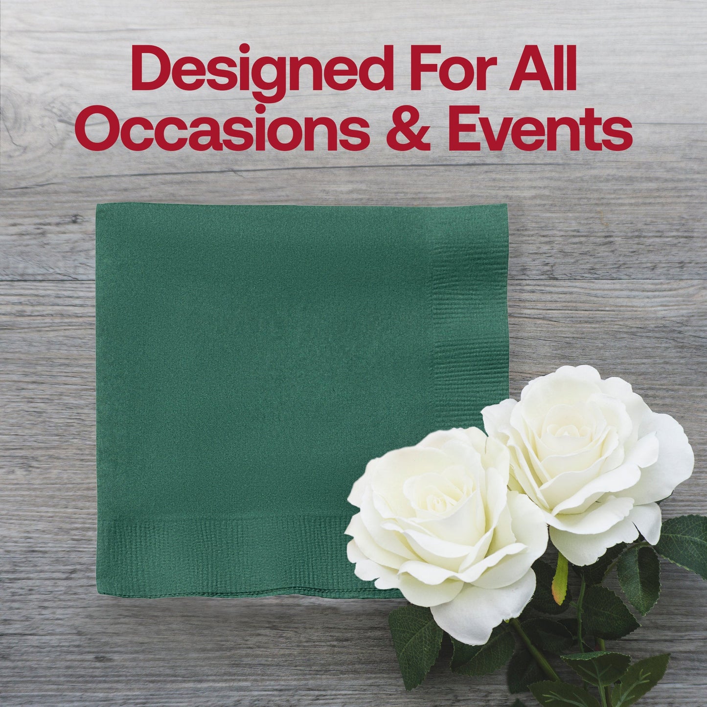 Elegant hunter green paper beverage napkins, 10" x 10", with a refined design, ideal for weddings, cocktail parties, and formal gatherings.