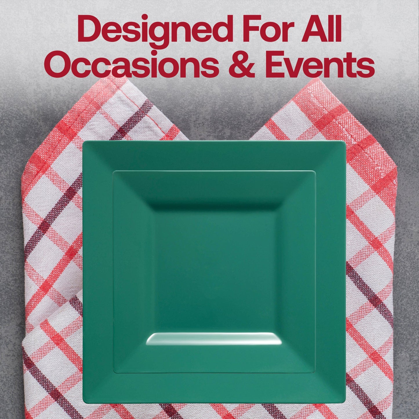 Elegant hunter green square dinner plates, 9.5-inch size, made from durable plastic, pack of 120 for parties