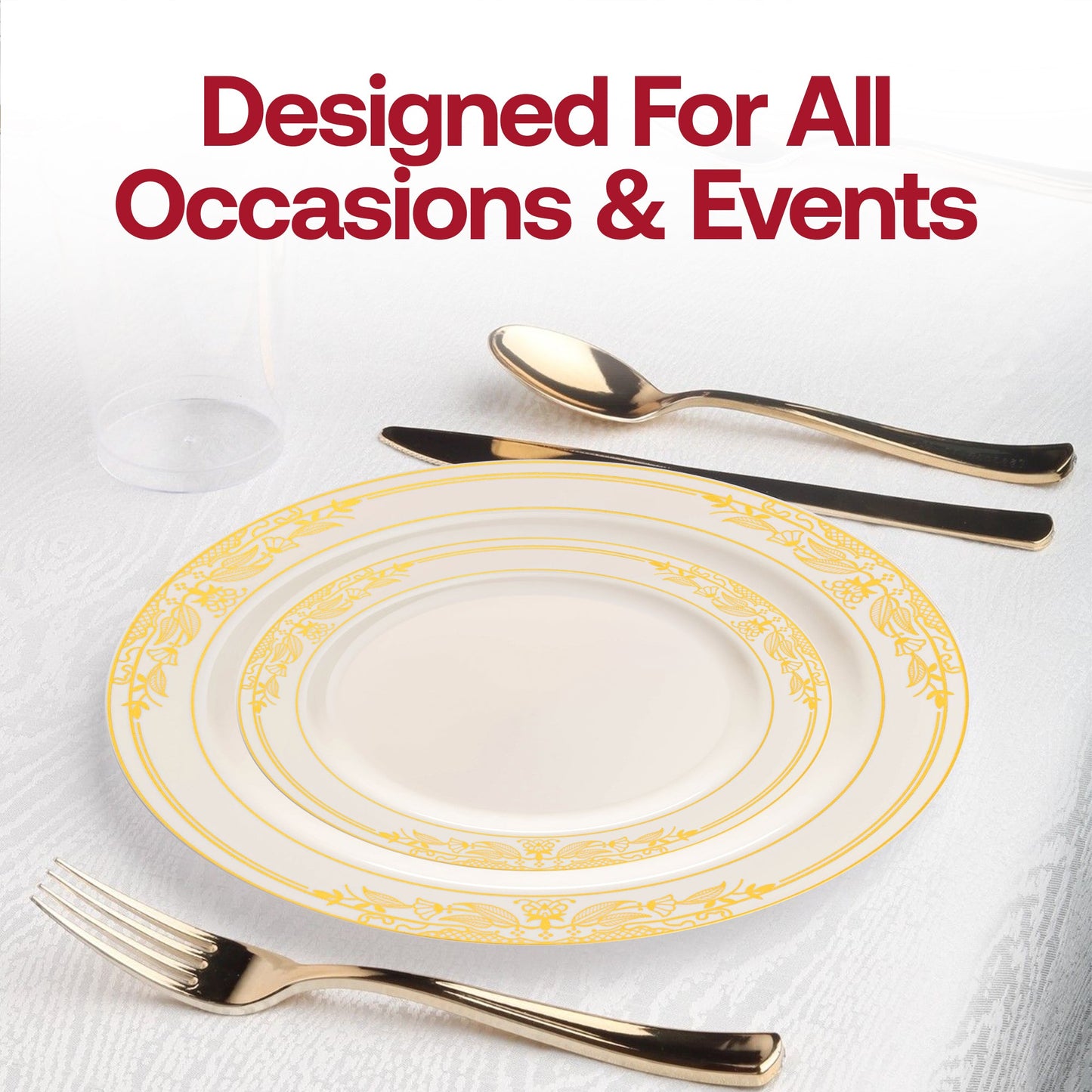 Elegant ivory dinner plate featuring a decorative gold harmony rim, 10.25 inches in diameter, sold as a 120-pack