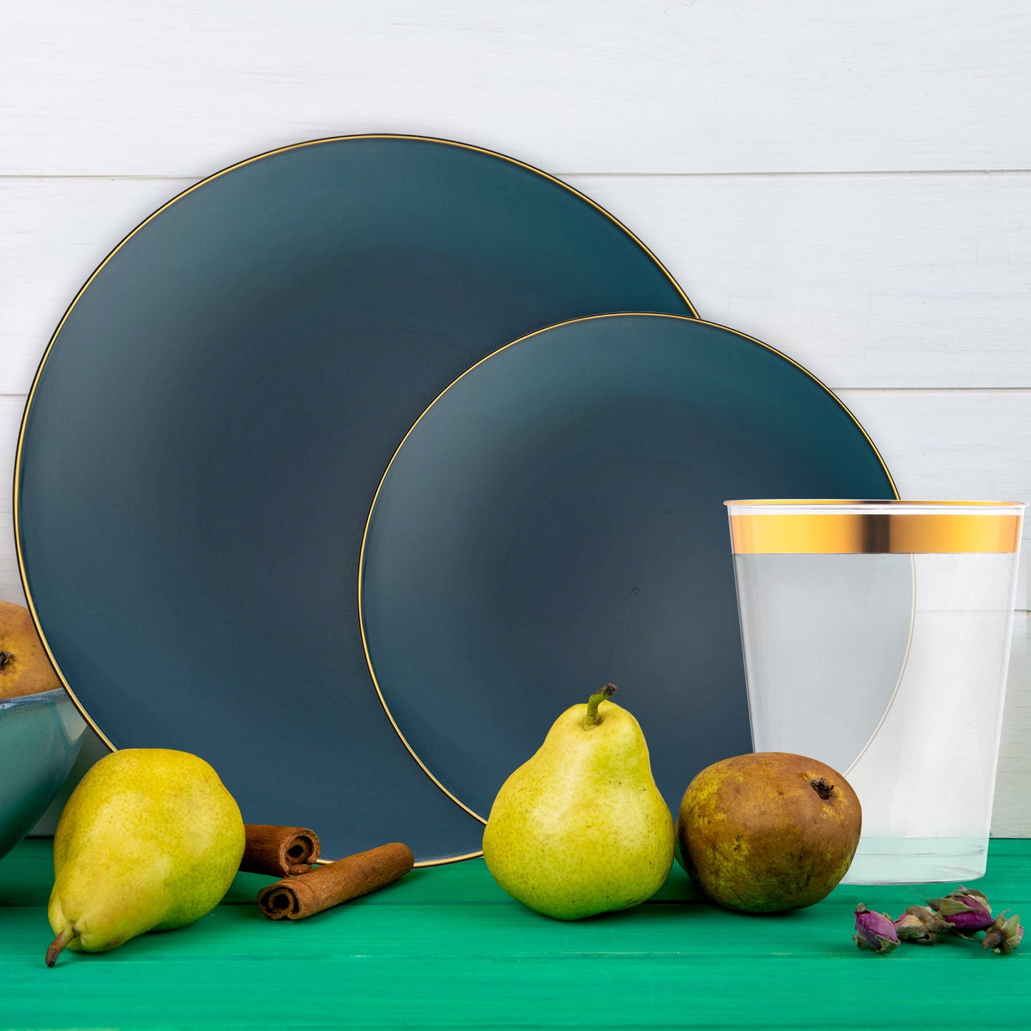 Elegant navy and gold dinnerware used for upscale reception dinners.