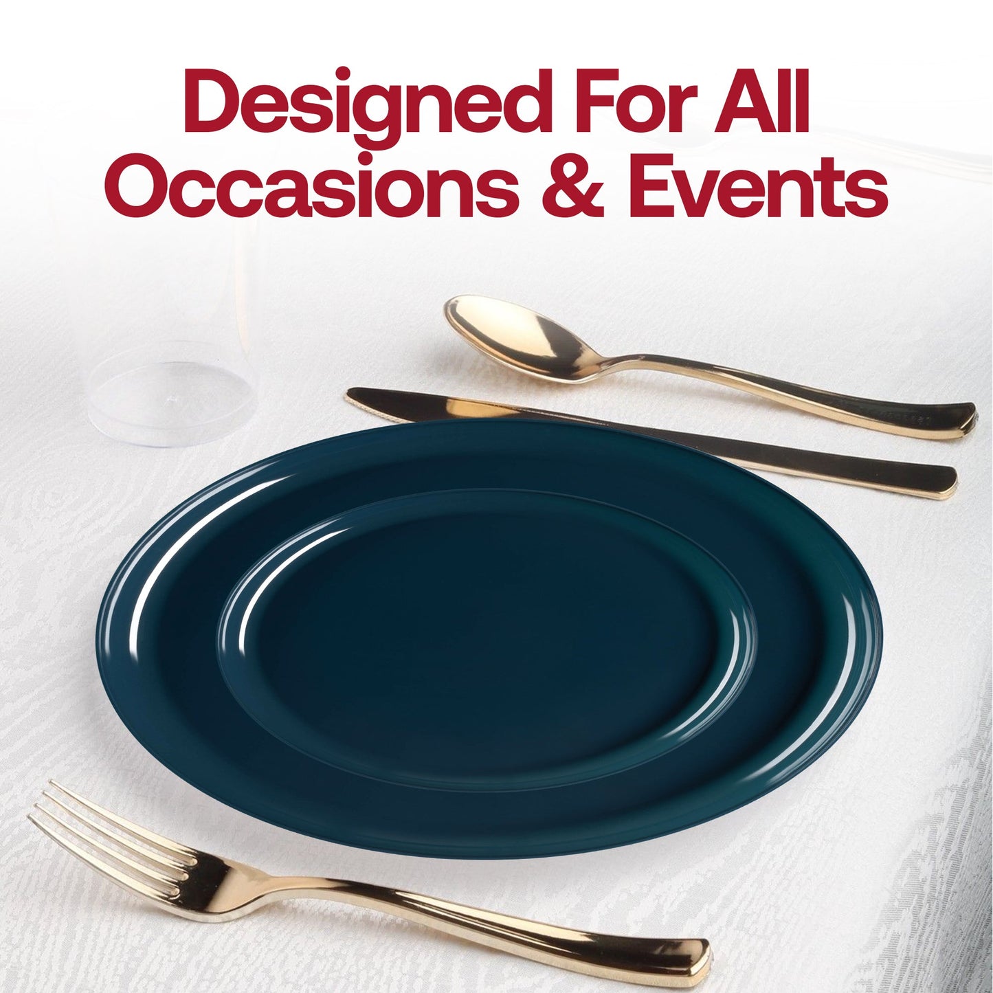 Elegant navy blue round plastic dinner plates, 10-inch size, lightweight and disposable, sold in a 120-pack