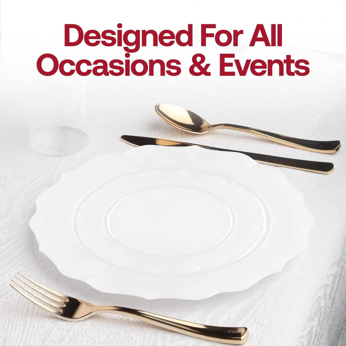 Elegant pearl white plastic dinner plates with a lotus motif, round and 10.25 inches, sold in a 120-piece set