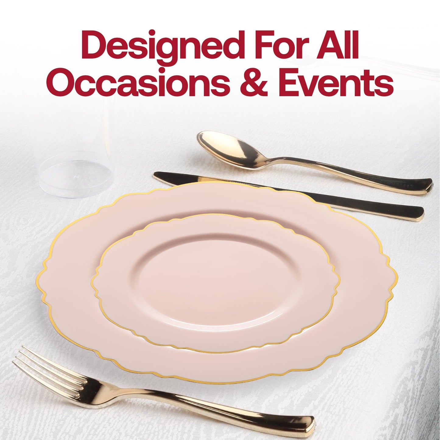 Elegant pink round dinner plates with a gold rim and blossom motif, disposable plastic construction, ideal for weddings or parties