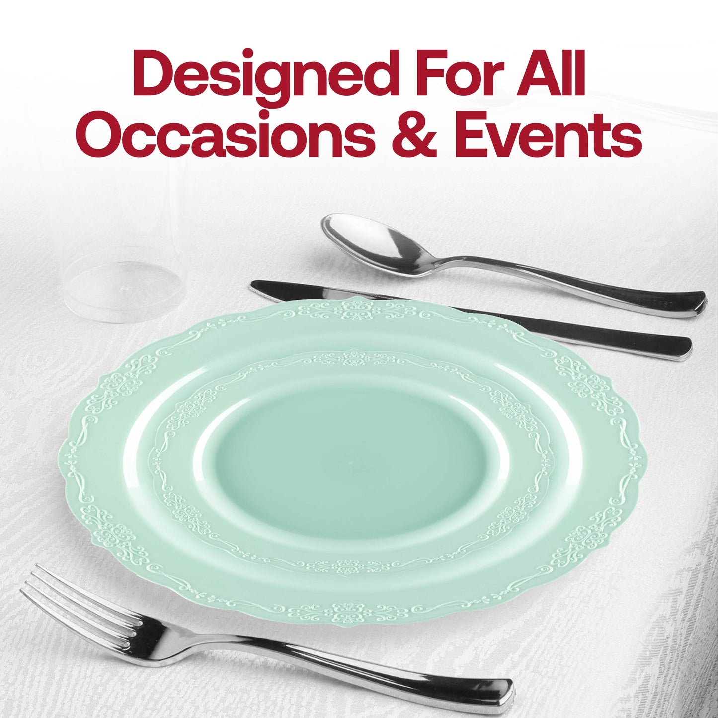 Elegant turquoise 10-inch round dinner plates in a vintage style, disposable and crafted from sturdy plastic, pack of 120