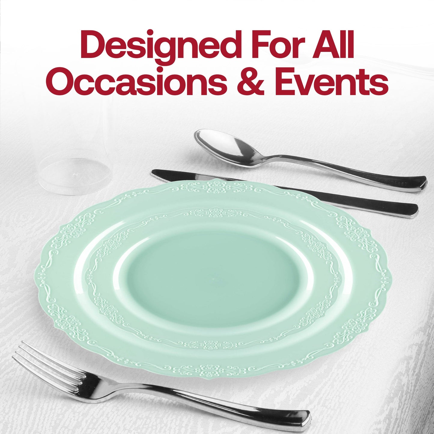 Elegant wedding table featuring the Turquoise Vintage Round Disposable Set, perfect for lively and refined receptions