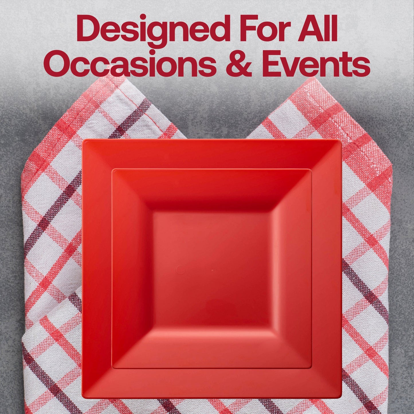 Elegant wedding table setup featuring the Red Square Plastic Wedding Value Set, perfect for bold, stylish receptions