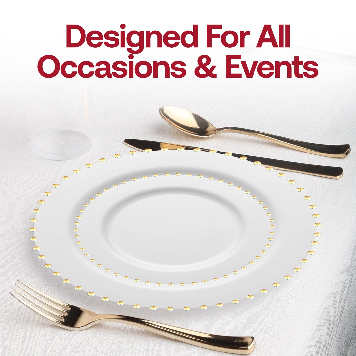 Elegant white dinner plates with a gold pearl string rim, 10-inch size, sturdy disposable design, sold in a 120-pack