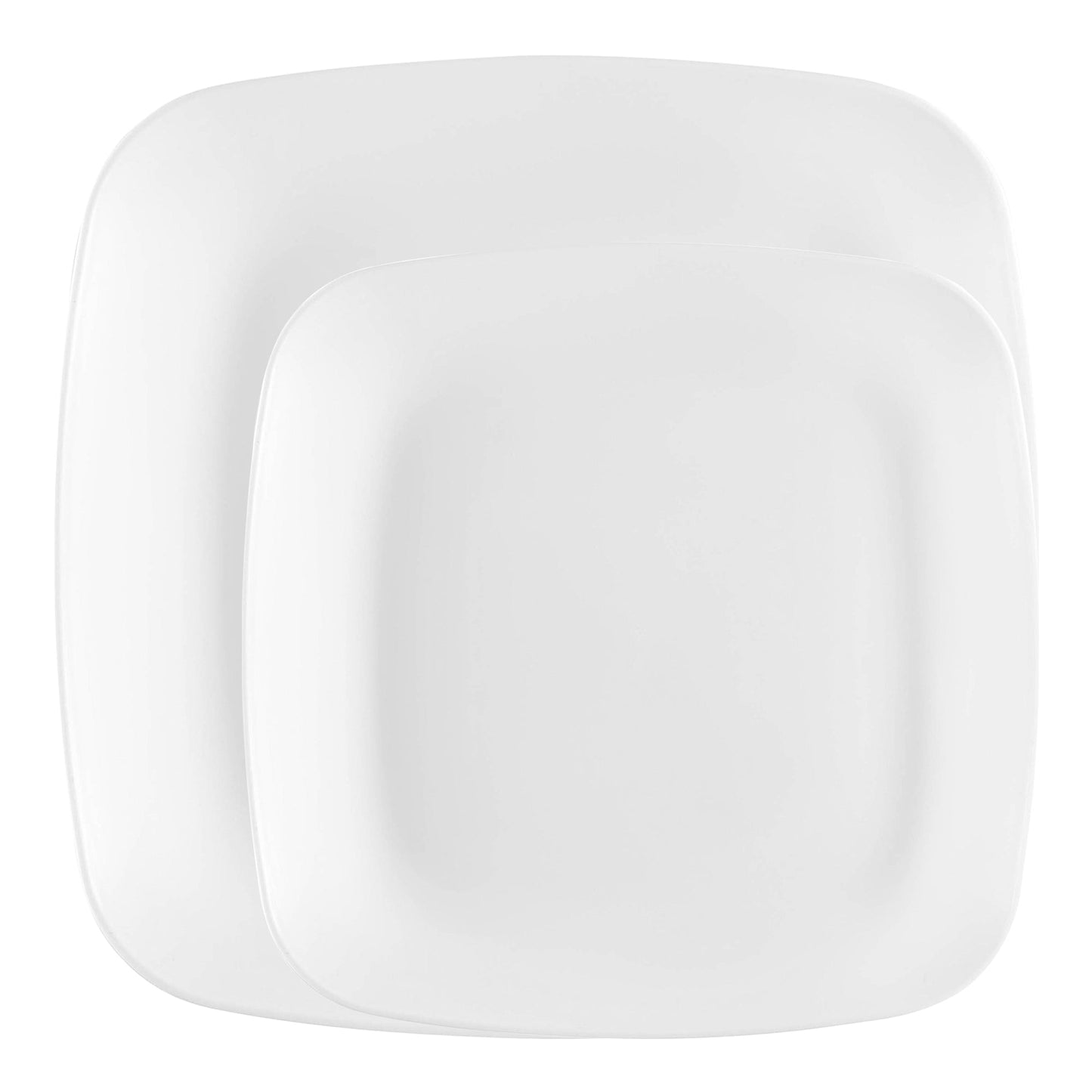 Elegant white disposable dinnerware value pack featuring flat rounded square plates, perfect for weddings, parties, and receptions