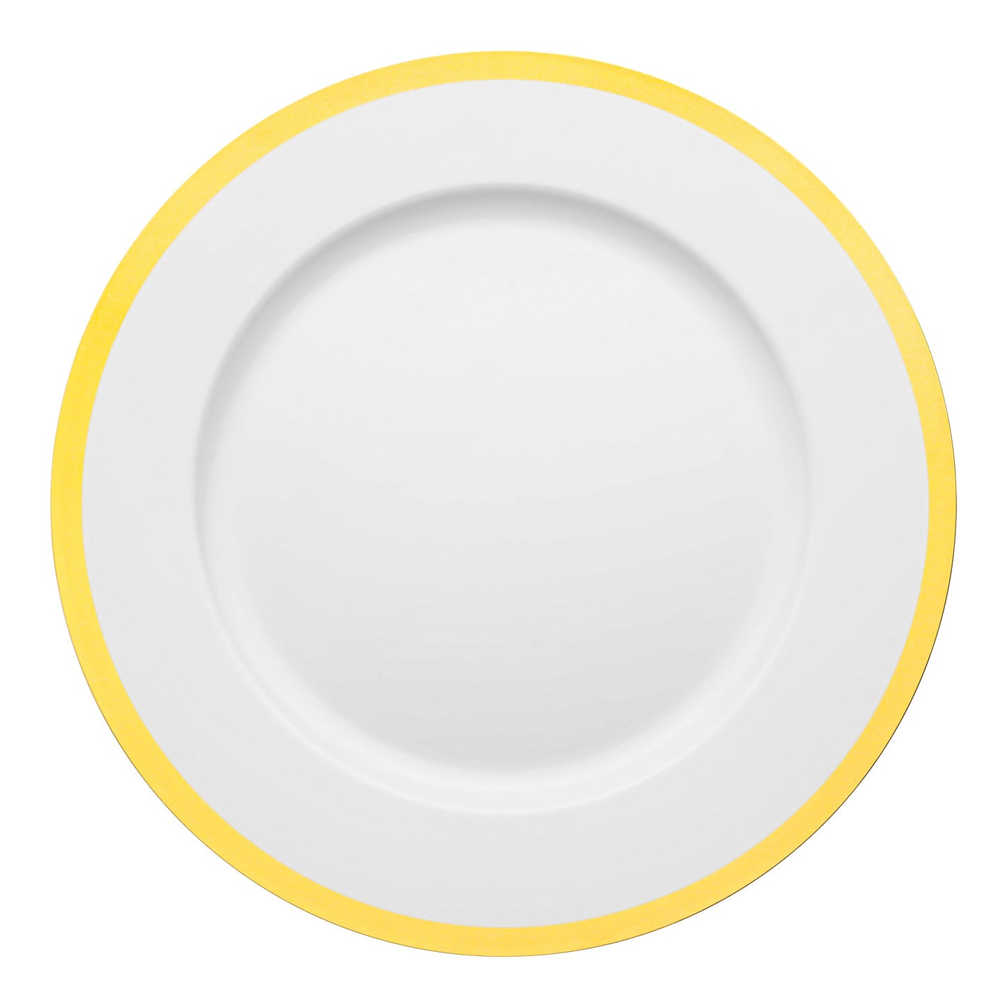 Elegant white plastic charger plates featuring a gold rim, disposable