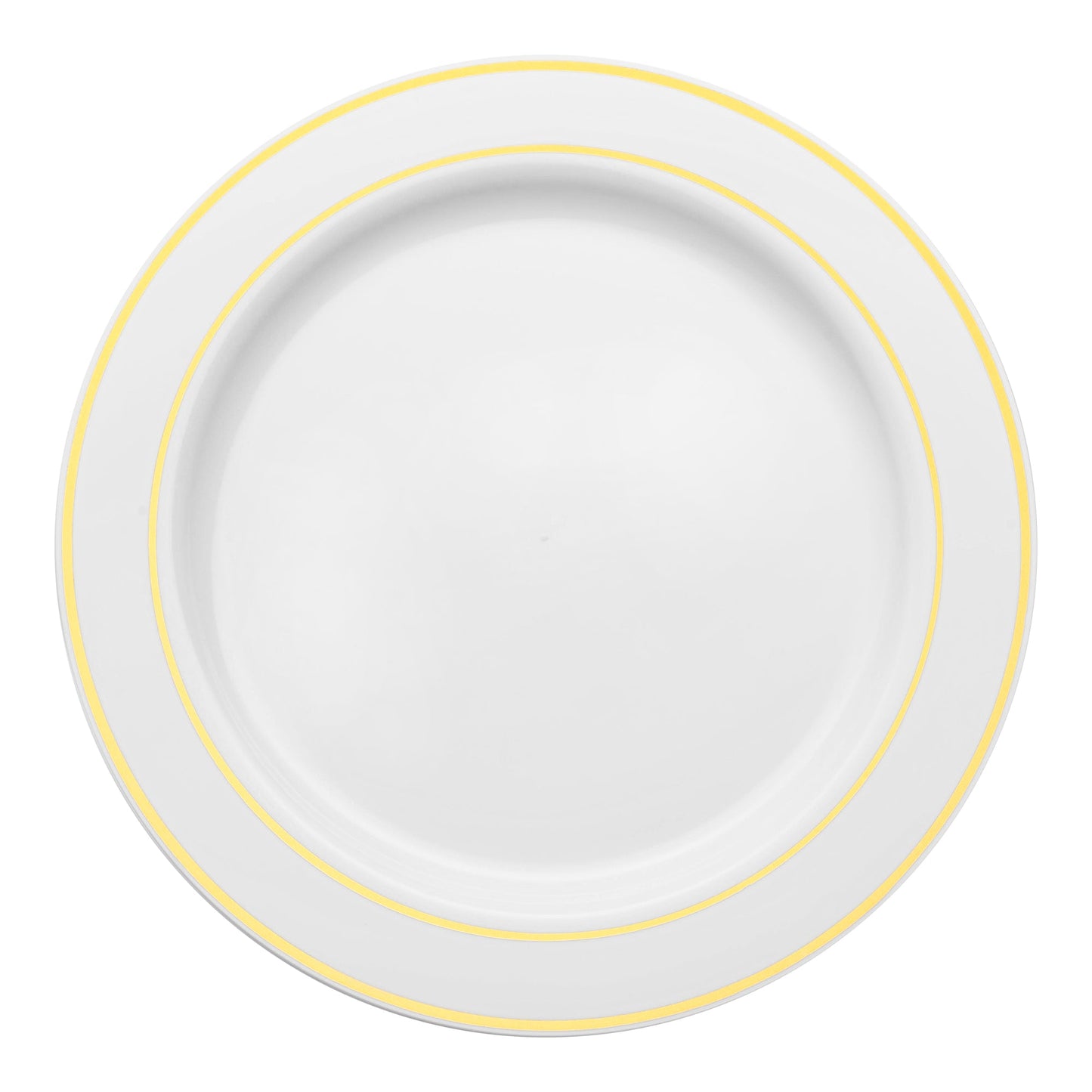 Elegant white plastic pastry plates with a gold edge rim