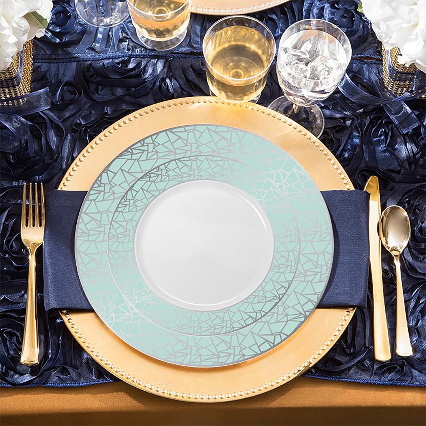 Elegant white salad plates featuring a turquoise blue and silver mosaic rim, round disposable plastic design, 7.5-inch size, pack of 120