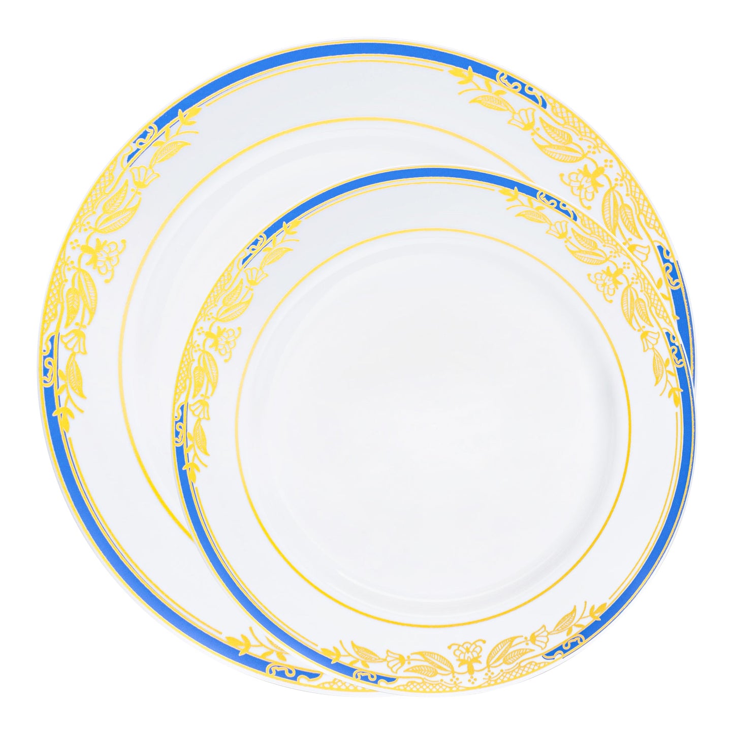 Elevate your dining experience with this white dinnerware set, featuring elegant blue and gold harmony rim accents