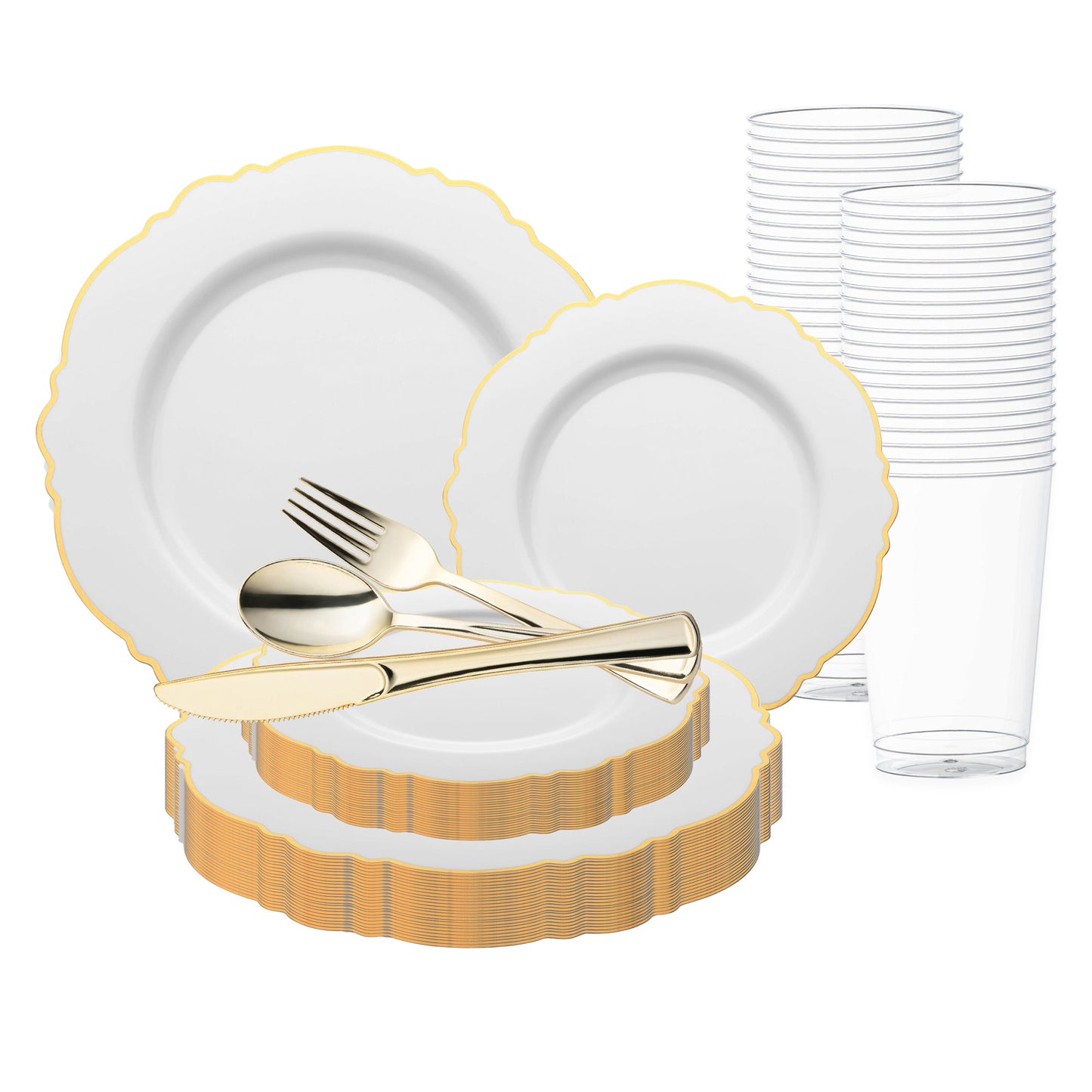 Elevate your event with the White with Gold Rim Round Blossom Disposable Plastic Wedding Value Set, featuring a timeless white design with luxurious gold accents for an elegant touch