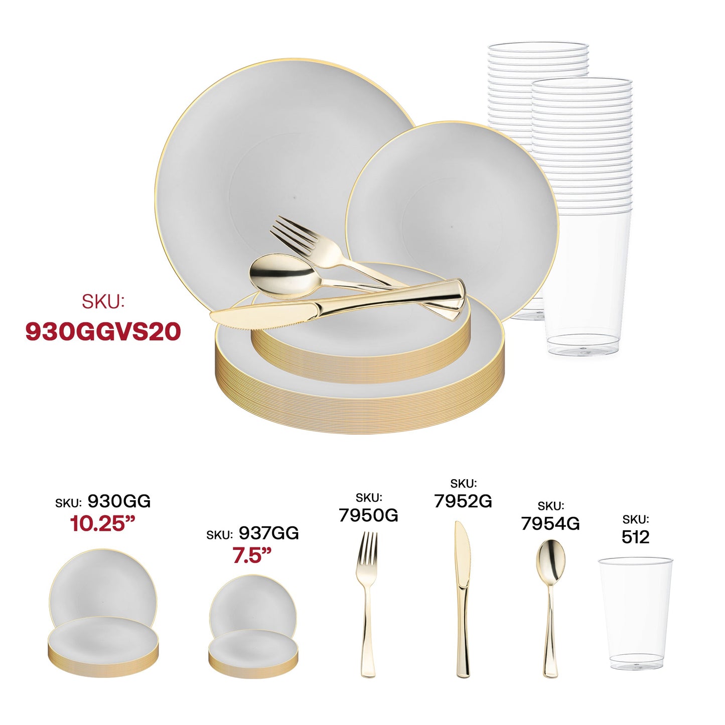 Enhance the elegance of your celebration with the Gray with Gold Organic Round Disposable Plastic Wedding Value Set, perfect for upscale events and formal dinners