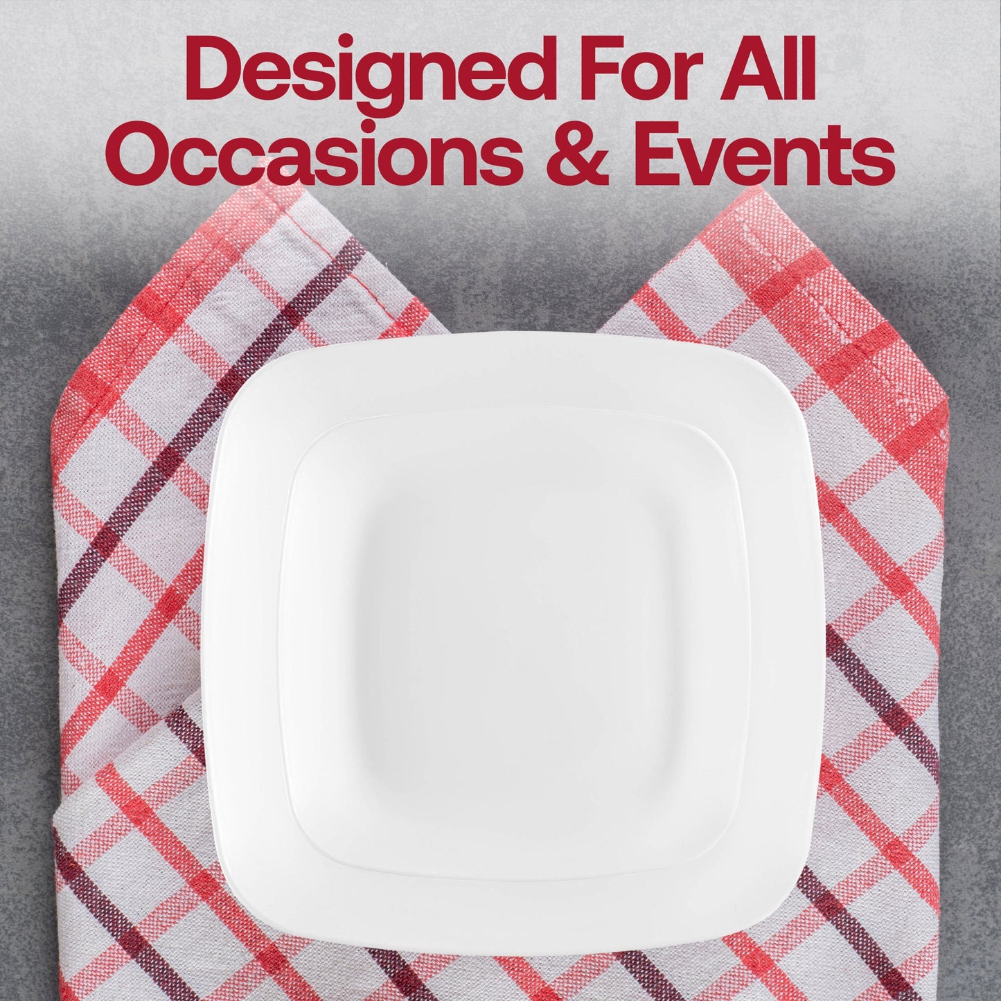 Enhance your celebration with the Solid White Flat Rounded Square Disposable Plastic Wedding Value Set with Gold Cutlery, ideal for creating an elegant, contemporary atmosphere at any special occasion