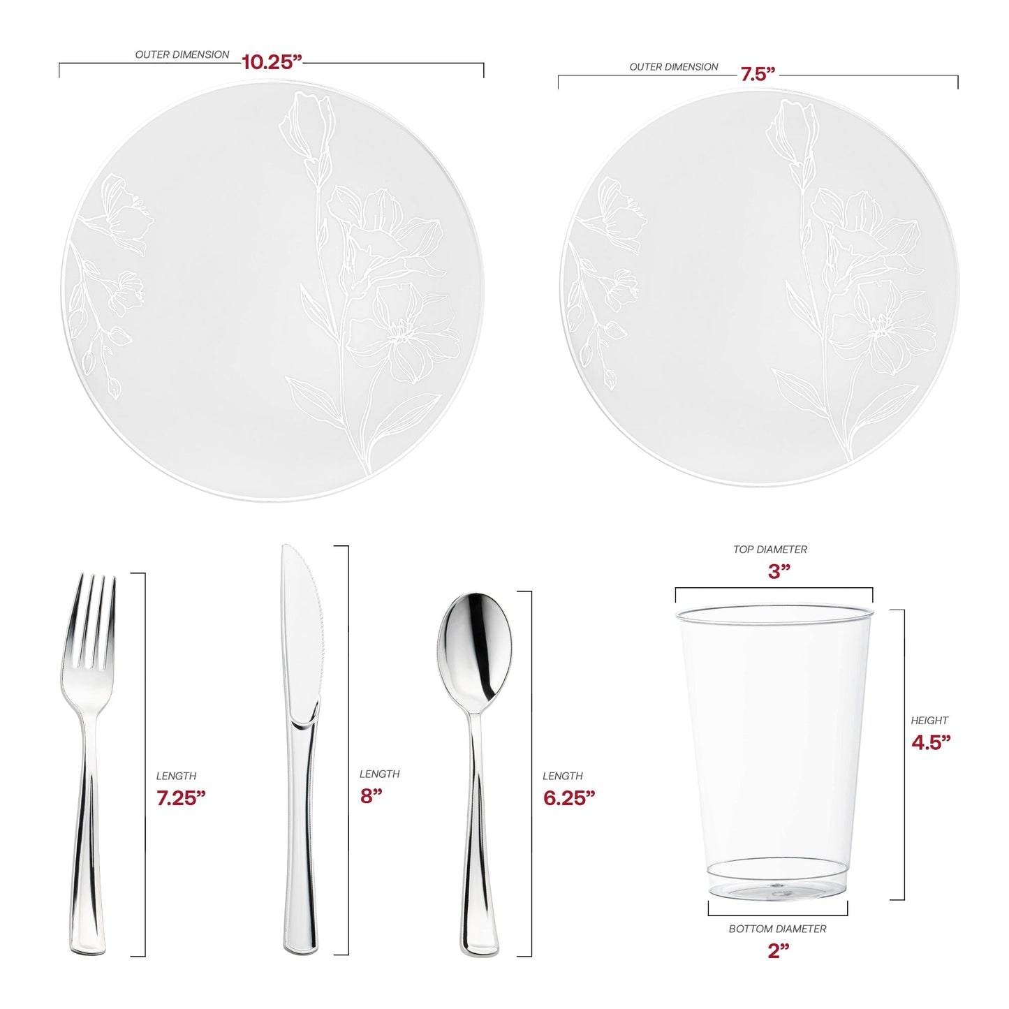 Expertly crafted from premium, BPA-free recyclable plastic, this White with Silver Antique Floral Round Disposable Plastic Wedding Value Set provides a sophisticated and eco-conscious choice, ensuring both style and sustainability for your event