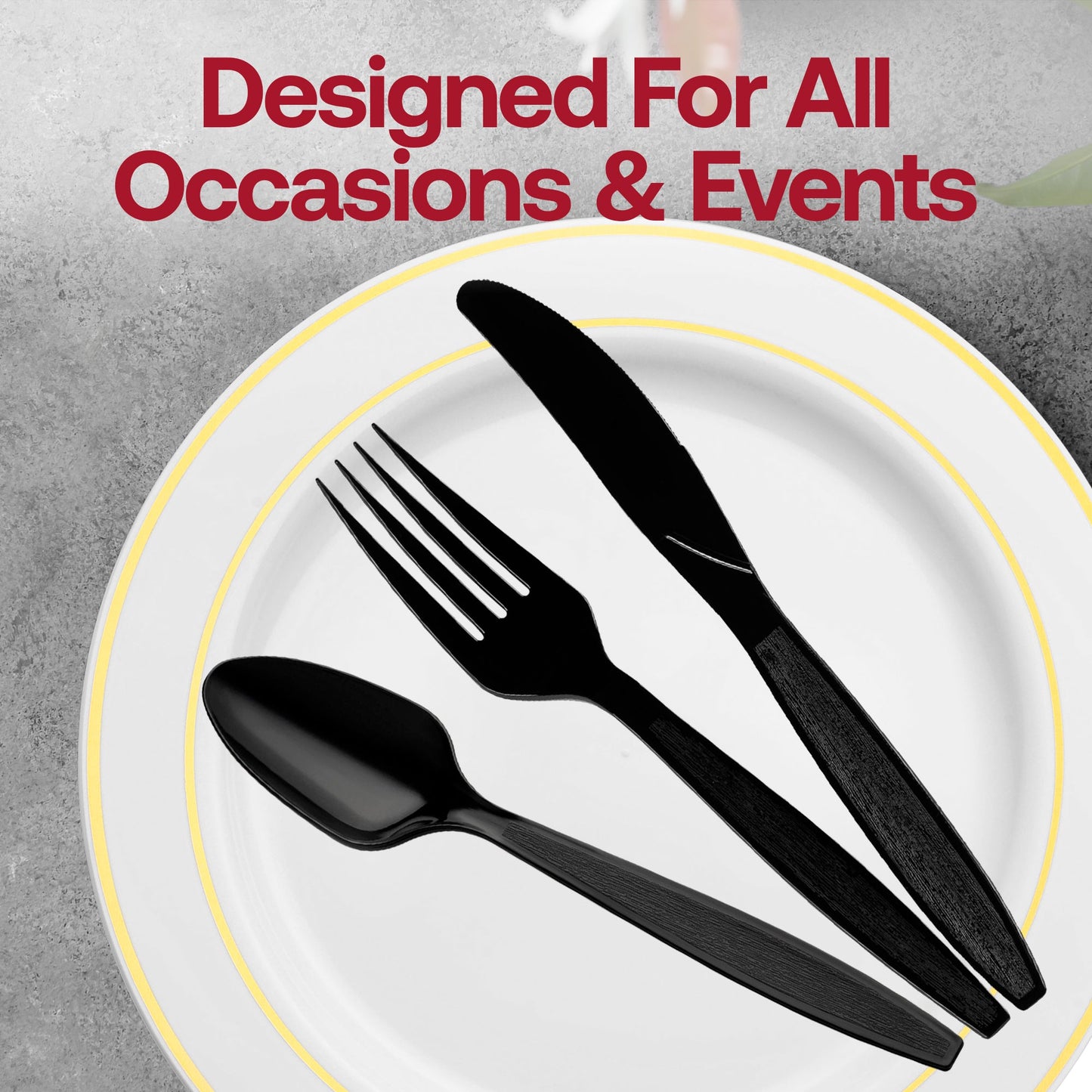 Fancy black disposable plastic utensils, stylish and durable, perfect for formal events, weddings, and special occasions