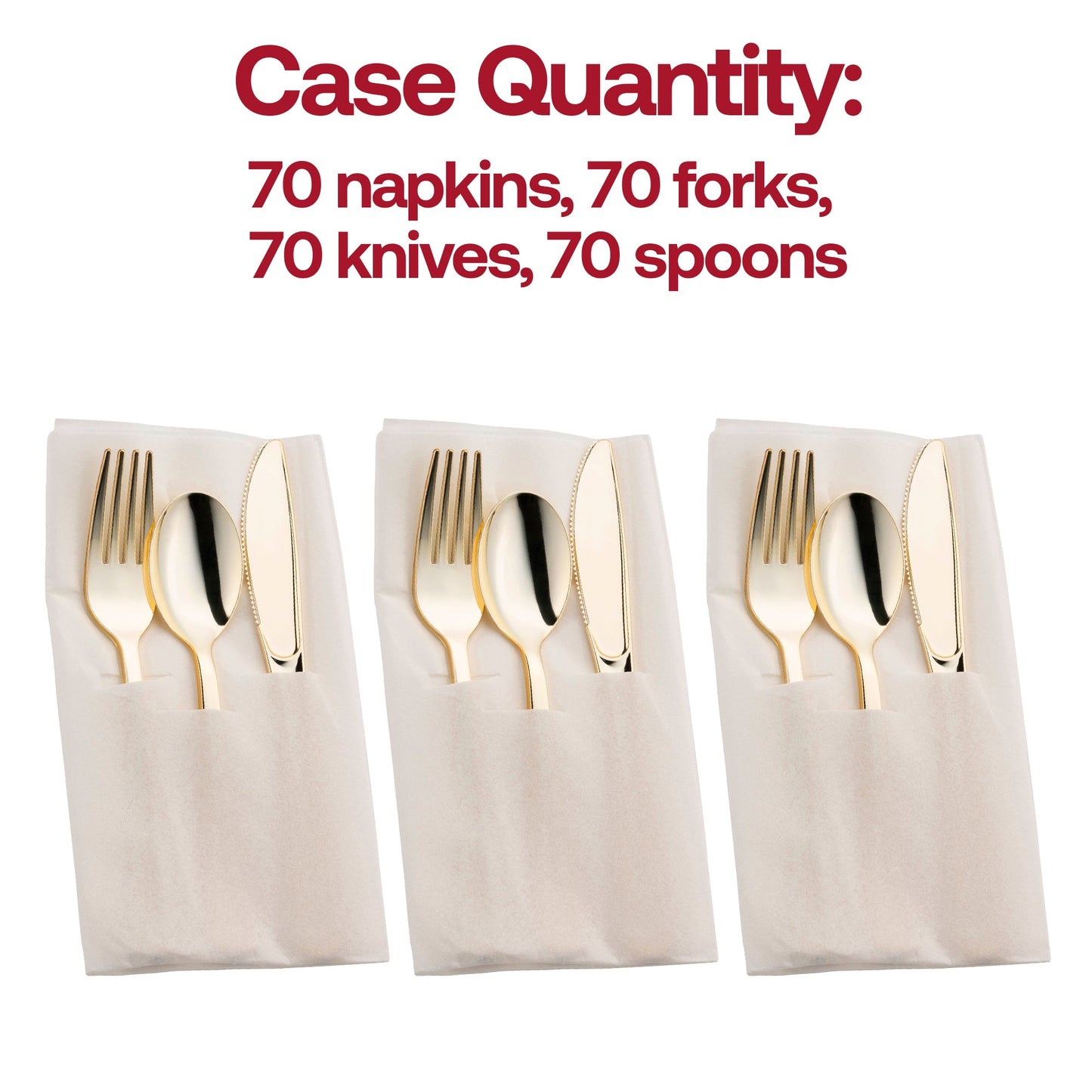 Fancy gold plastic cutlery set in a neatly folded white napkin, adding a touch of sophistication to weddings and special occasions.