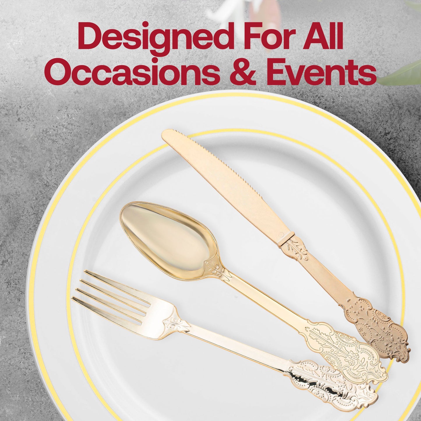 Fancy gold plastic knives with an intricate Baroque handle, 7.8 inches long, perfect for luxurious dining experiences; case of 600