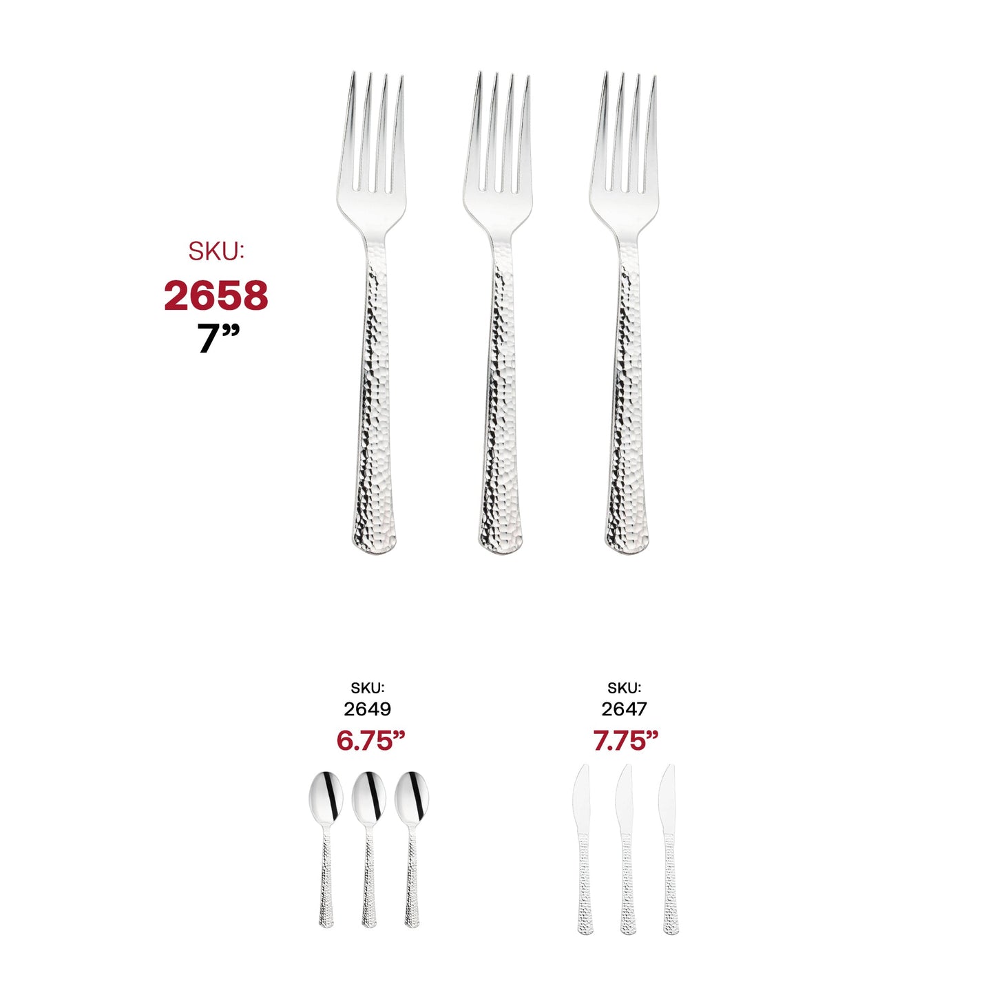 Fancy silver hammered plastic forks, 7 inches, bulk 1000-pack – Elegant forks featuring a stylish hammered design, perfect for upscale dining and events.