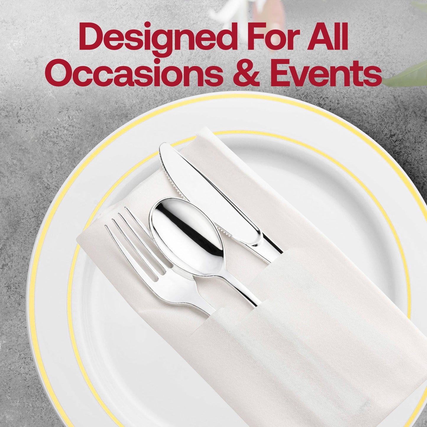 Fancy silver plastic cutlery wrapped in a white pocket napkin, adding a sophisticated touch to any event, set for 70 guests.