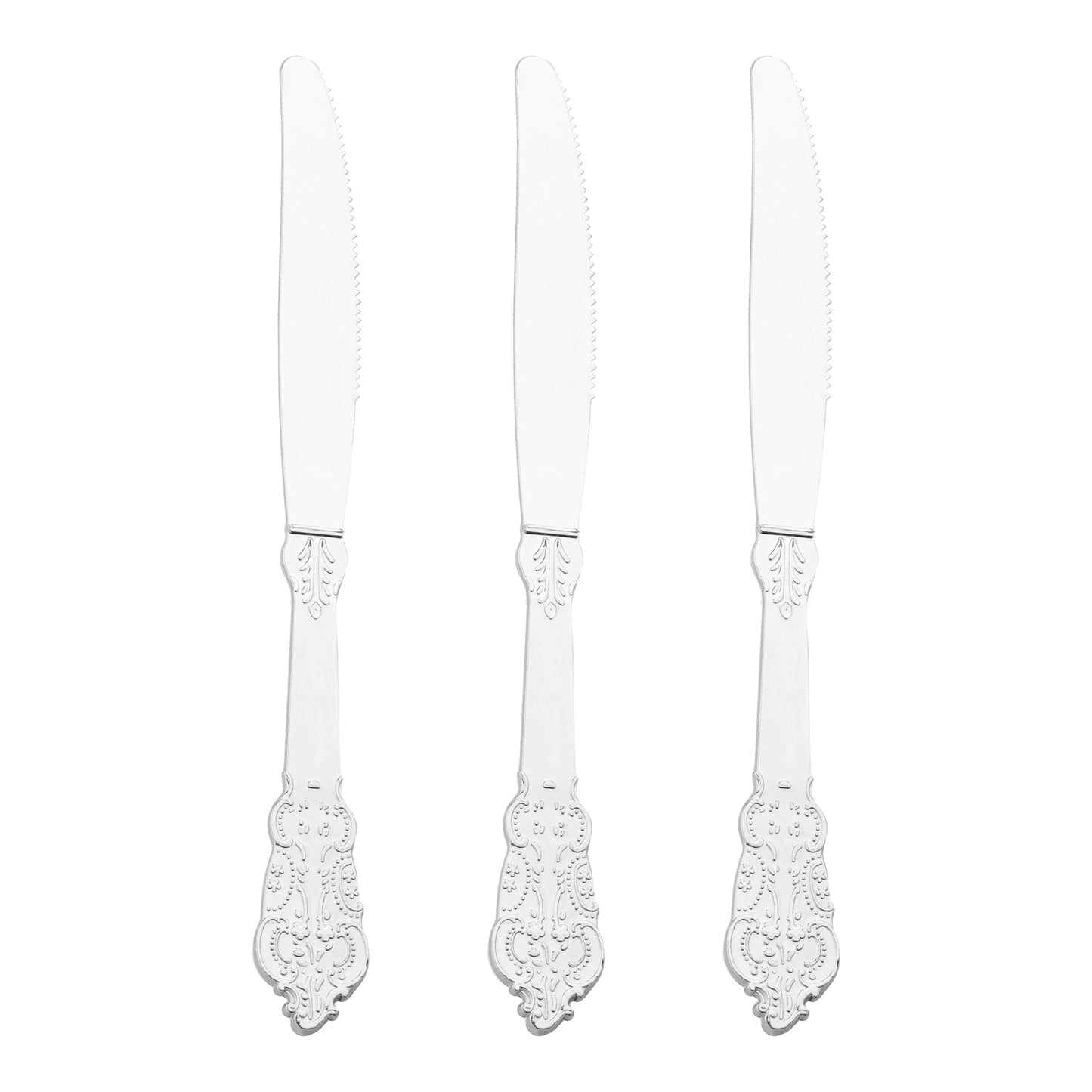 Fancy silver plastic knives, 7.8 inches, featuring a Baroque-inspired design, ideal for weddings and banquets.