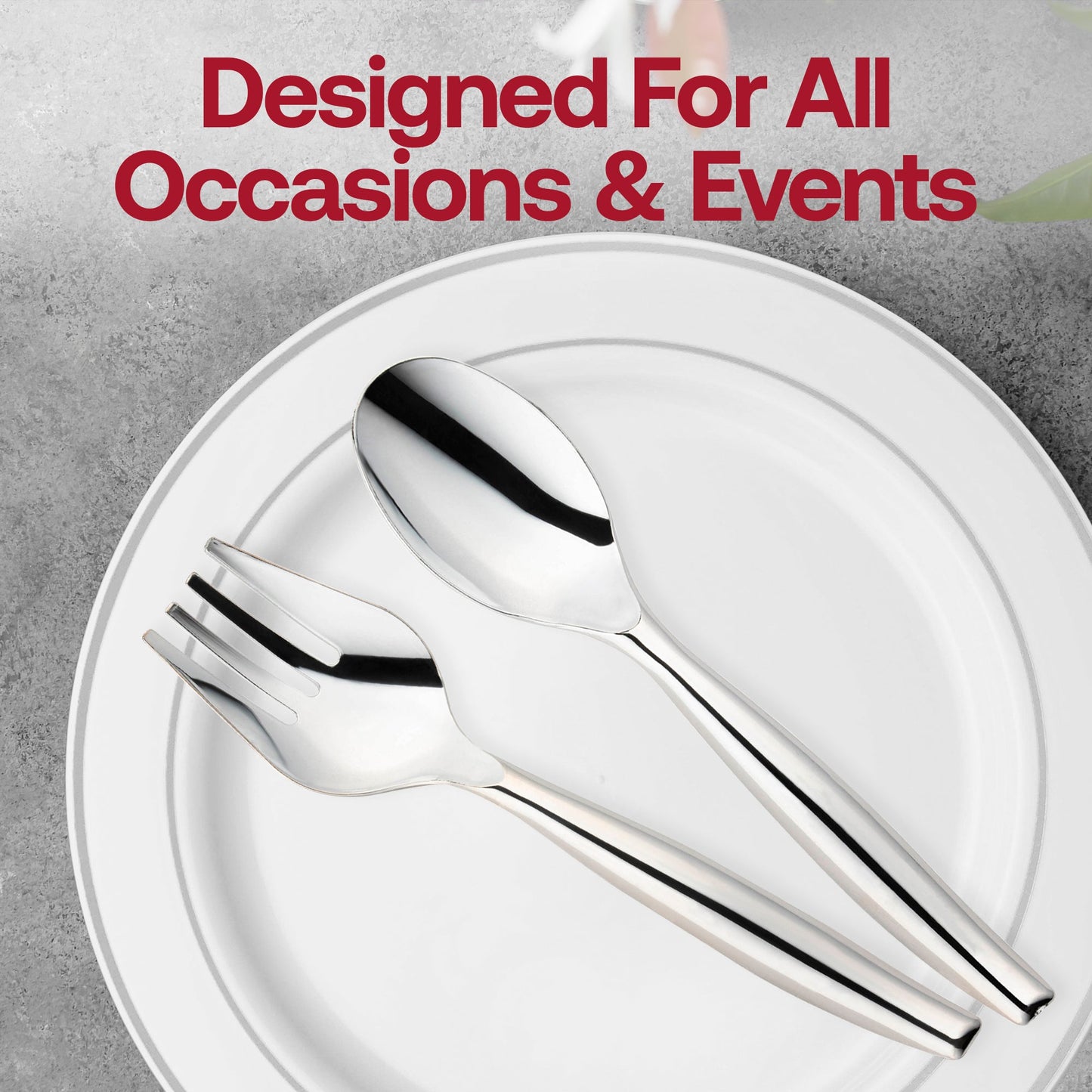 Fancy silver plastic serving spoons with a sleek design, ideal for upscale events