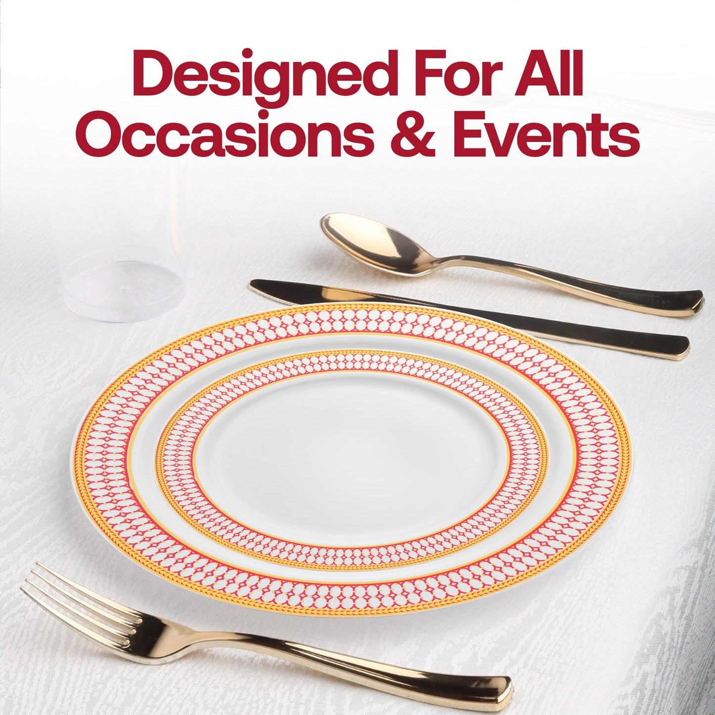Fancy white dinner plate featuring a decorative red and gold chord rim, 10.25 inches in diameter, sold as a 120-pack
