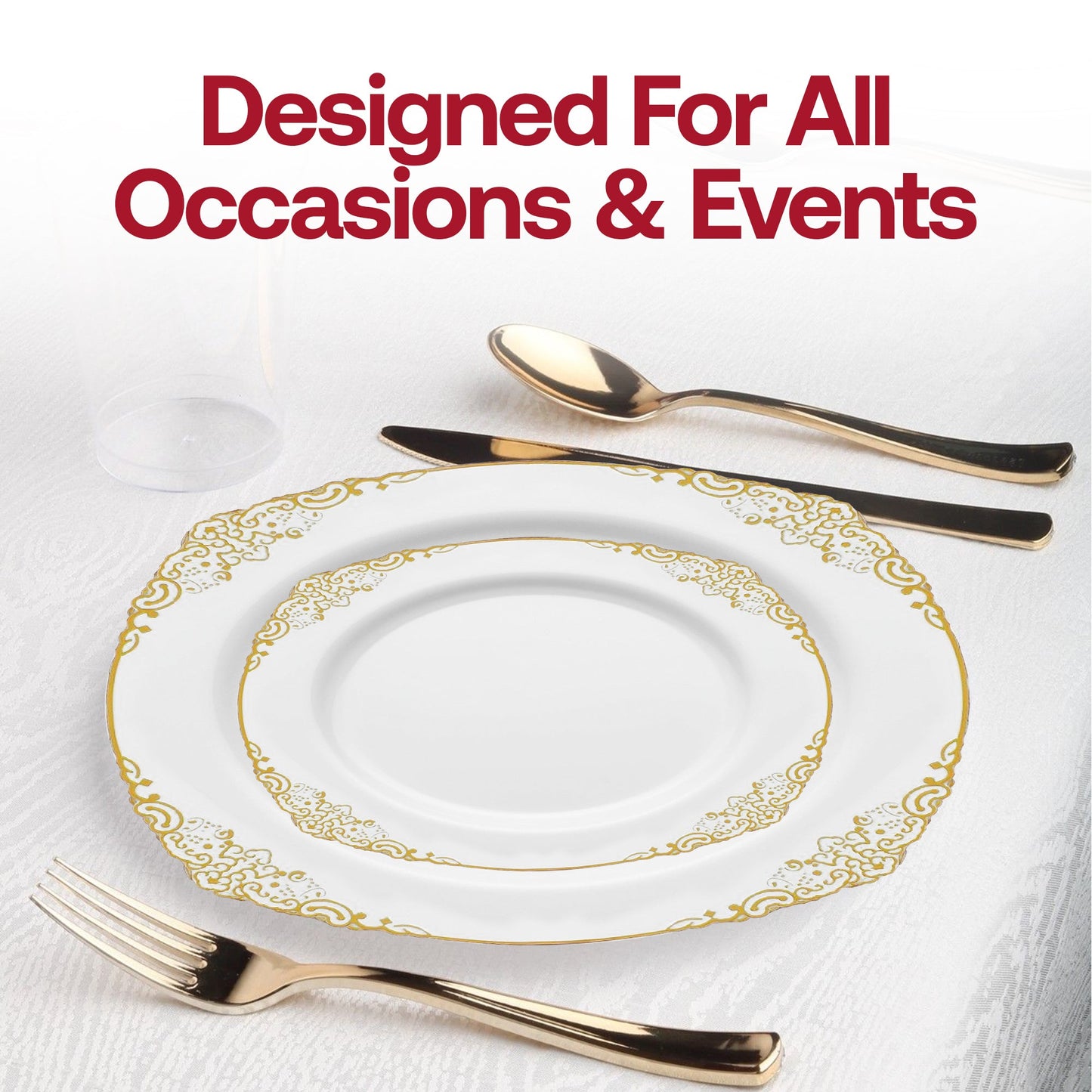 Fancy white dinner plates featuring an intricate gold design, crafted from disposable plastic, 10.25-inch size, pack of 120