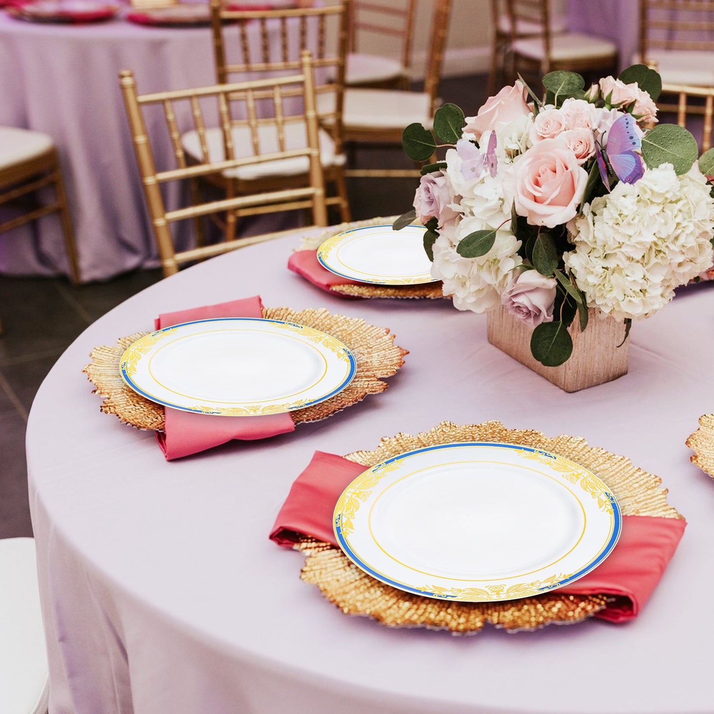 Favored by event planners for white with blue and gold harmony rim plastic dinner plates (10.25")