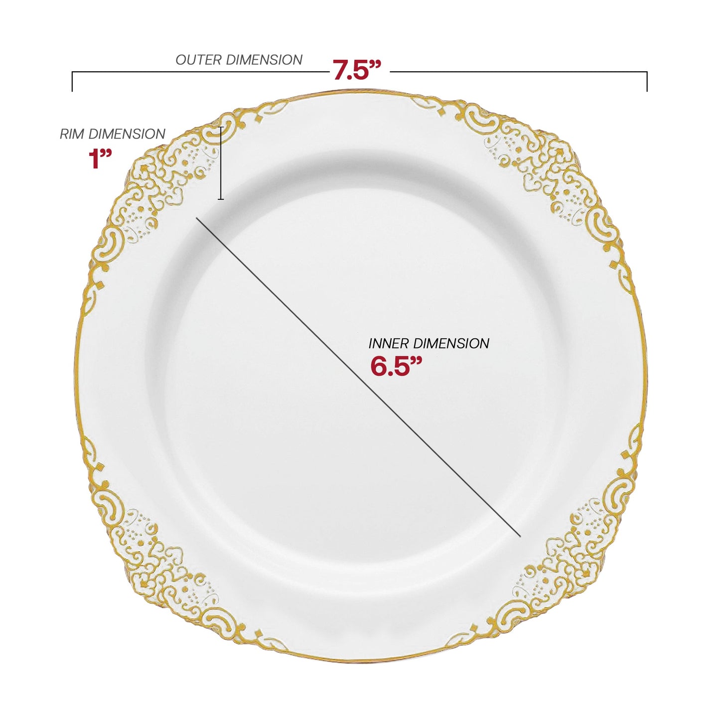 Features 7.5" round white appetizer plates with elegant gold rims for refined starters at stylish celebrations