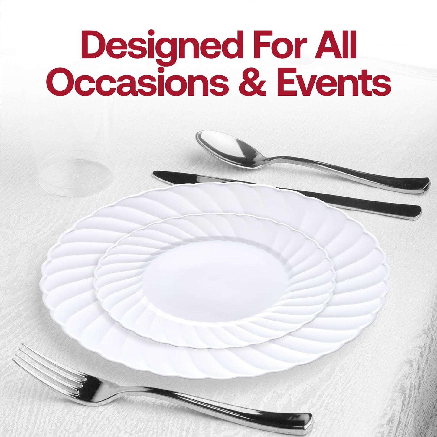 Flared-edge white plastic plates, 180-pack disposable and sturdy, ideal for buffets and catered events