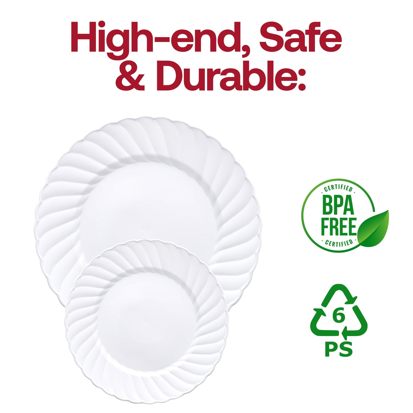 Flared-edge white plastic plates, 7.5-inch size, 180-pack disposable and durable, BPA-free