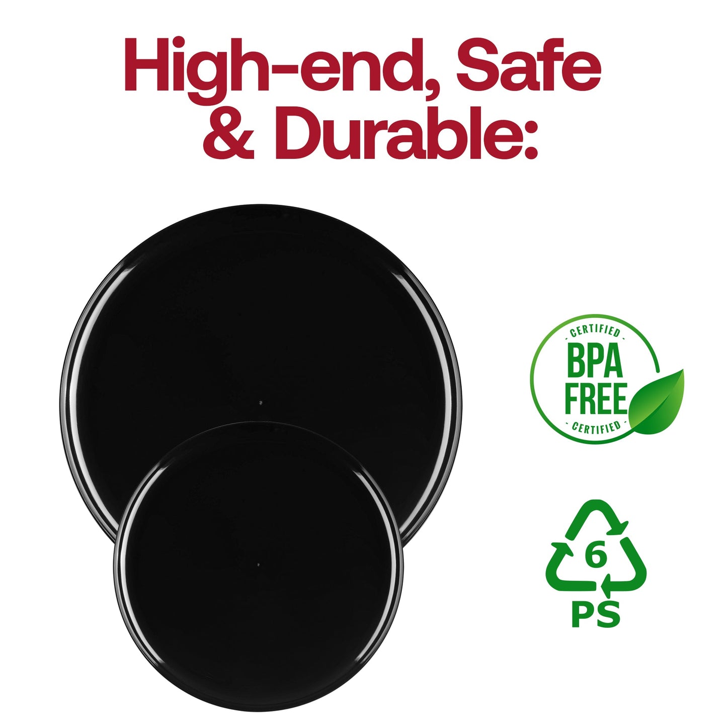 Flat black plastic dinner plates, 10 inches in diameter, disposable and sturdy, BPA-free
