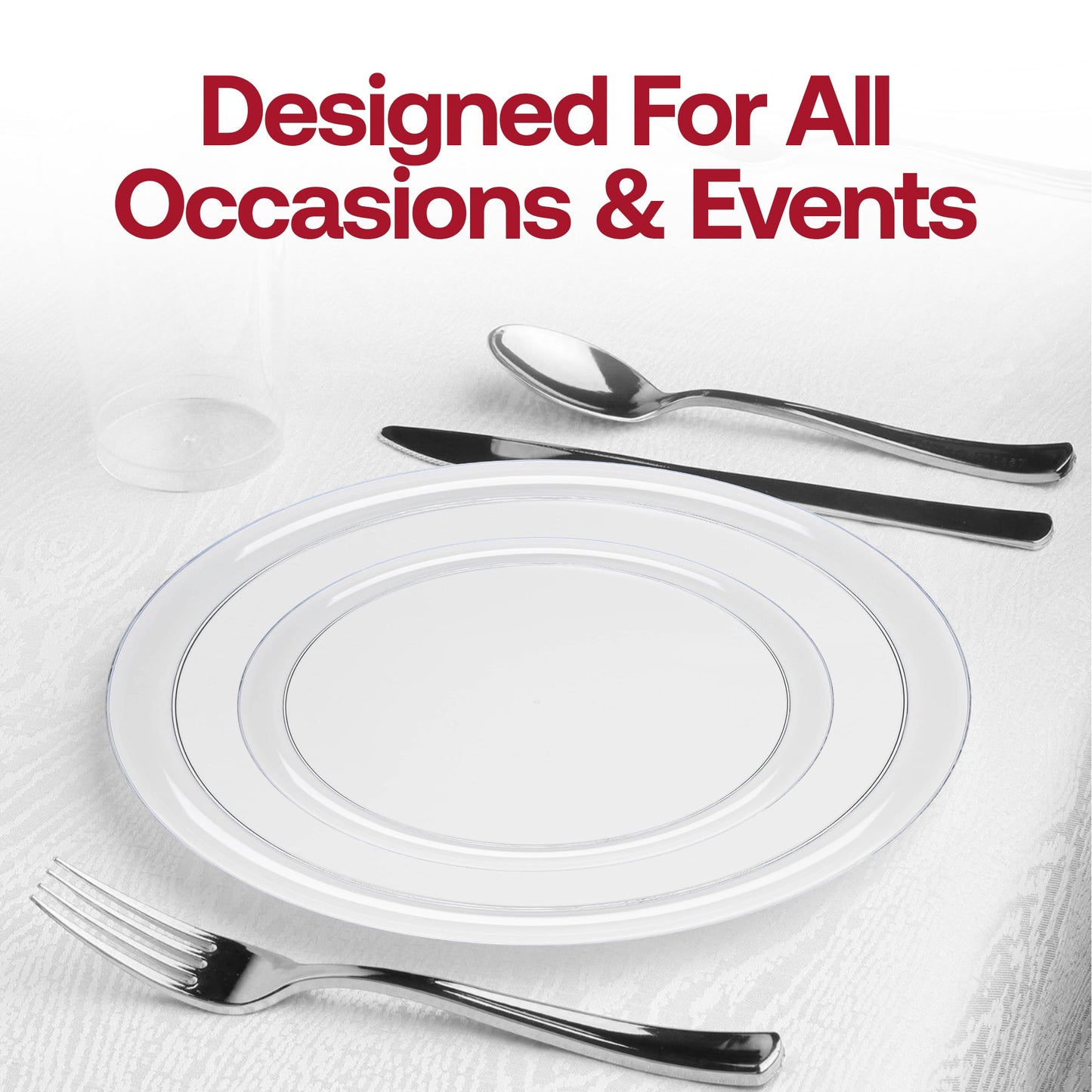 Flat clear plastic dinner plates, 10 inches in diameter, disposable and durable, ideal for parties, sold in a 120-pack