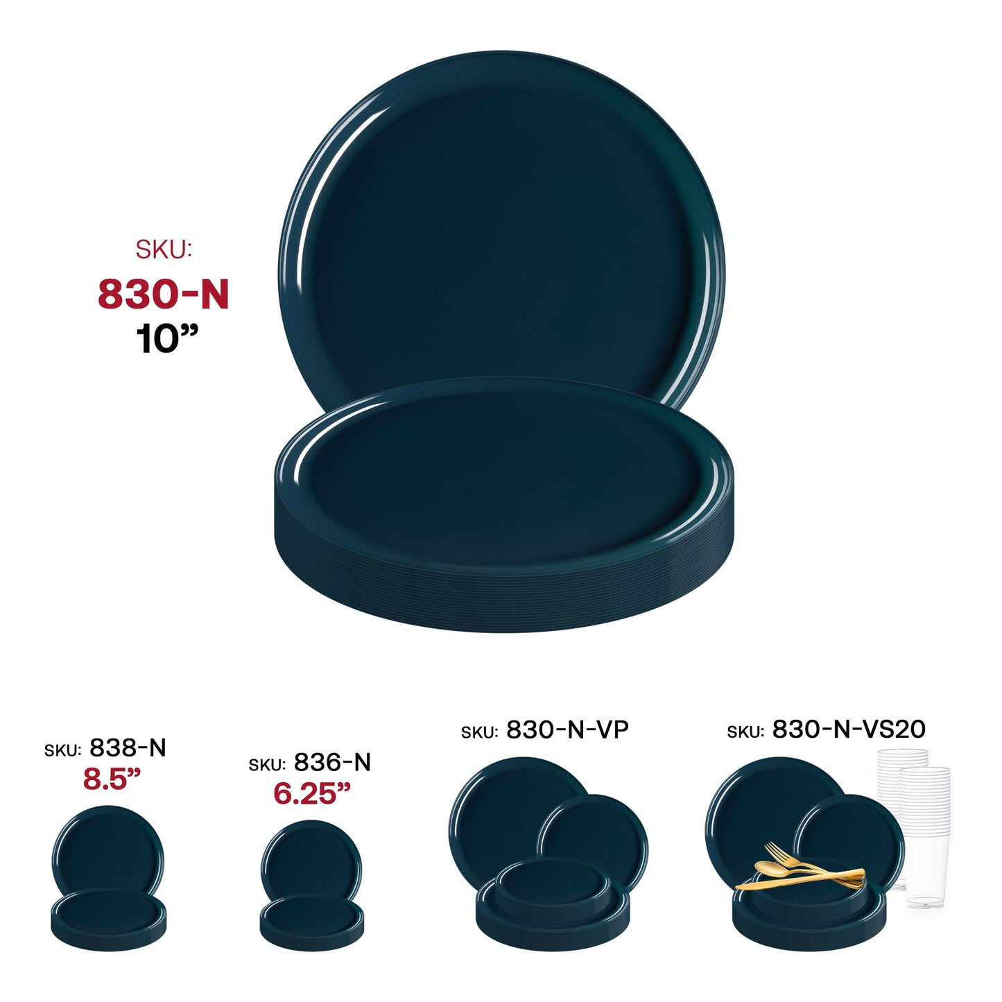 Flat navy plastic dinner plates, 10 inches in diameter, disposable and durable