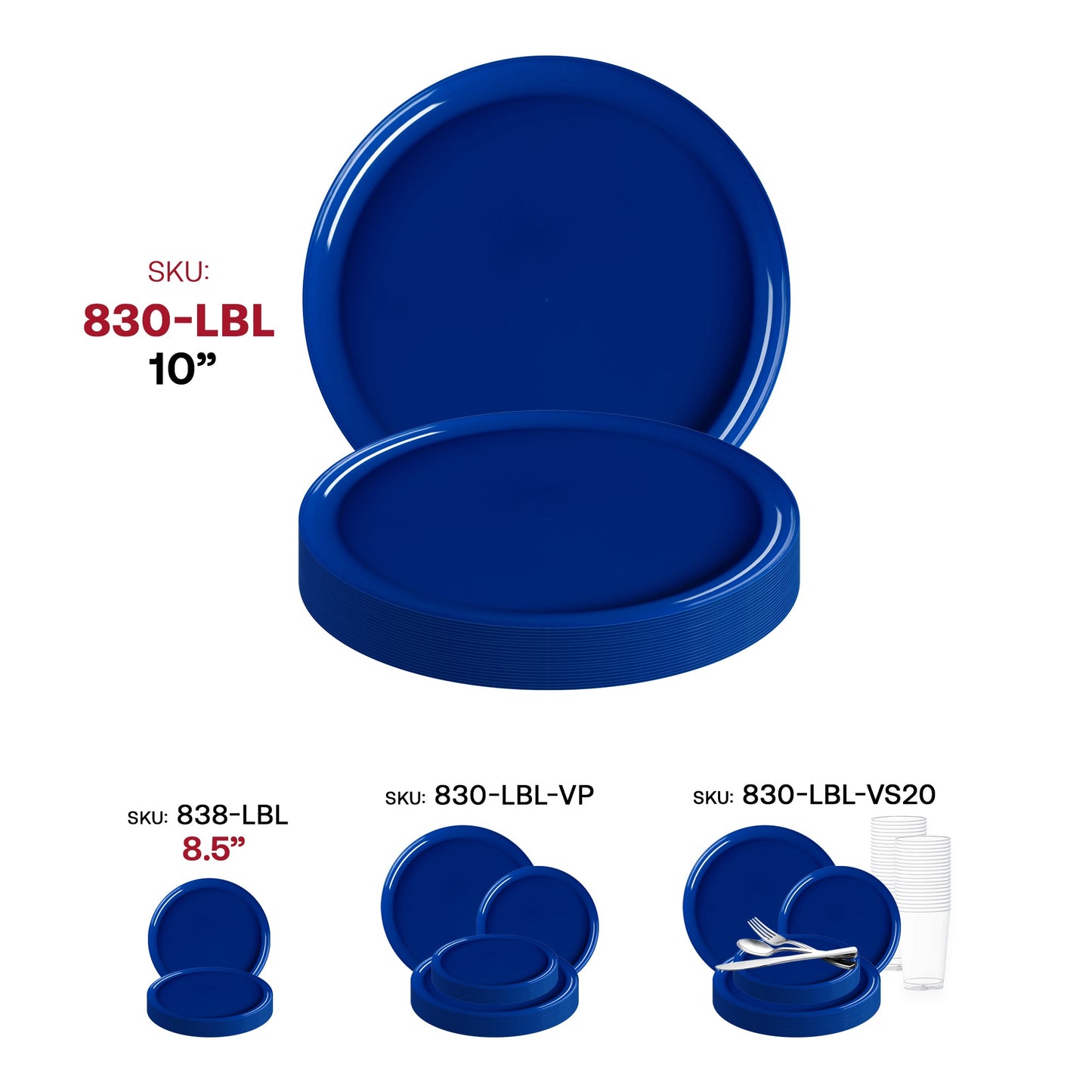 Flat solid blue plastic dinner plates, 10 inches in diameter, disposable and durable, ideal for casual or formal dining
