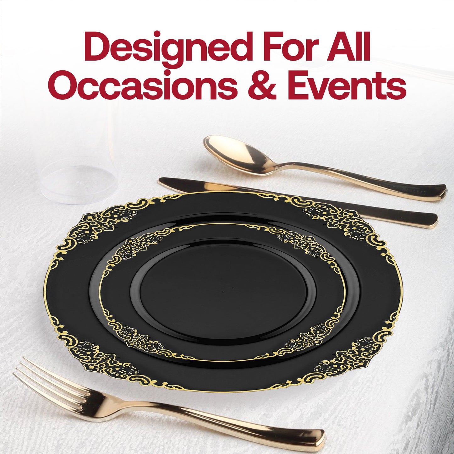 Formal dinner arrangement using Black with Gold Fancy Round Plates, perfect for weddings and gala-style events