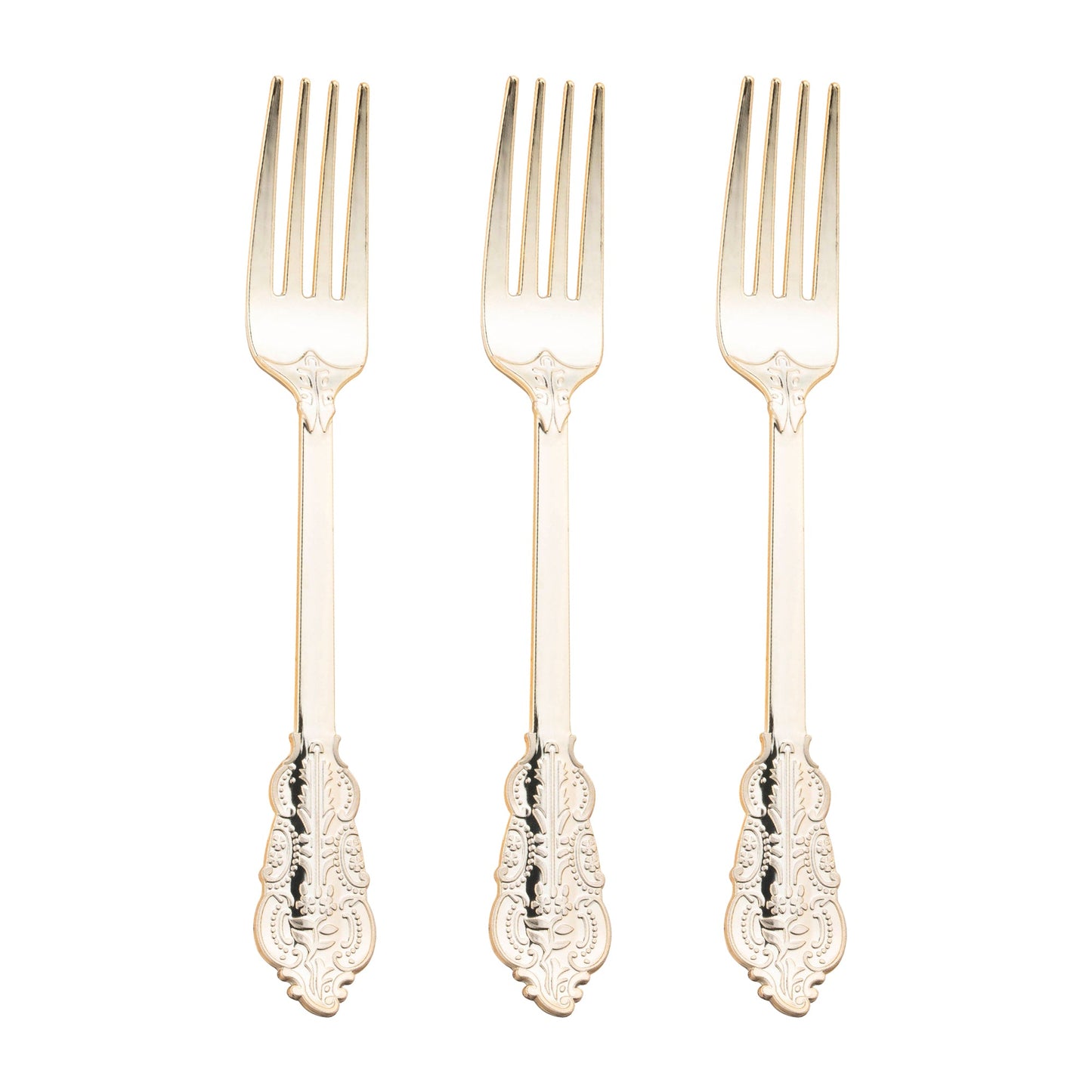 Gold baroque plastic forks for weddings and events, 7.4 inches, 600-pack – Sophisticated disposable forks with an elegant, detailed design.