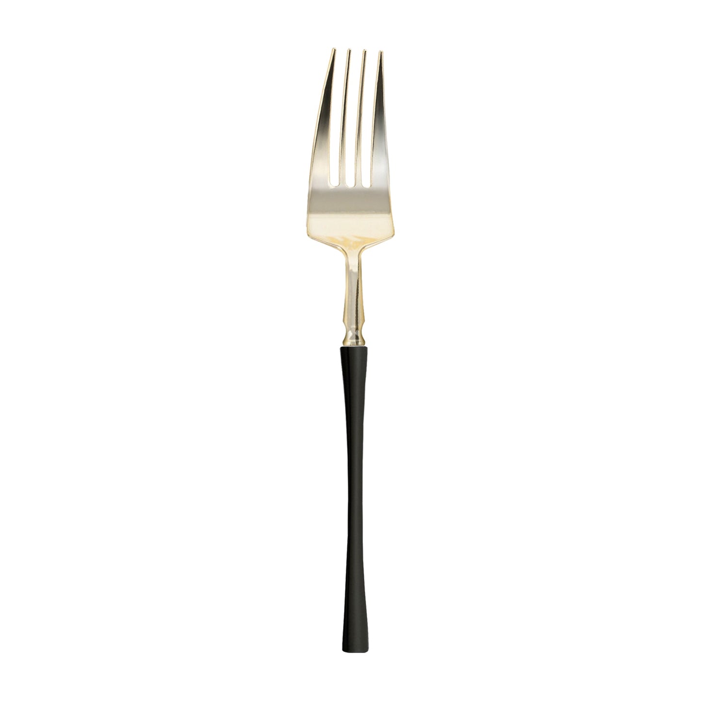 Gold disposable plastic dinner forks, with black handles, sleek Moderno design, 8.4 inches long.