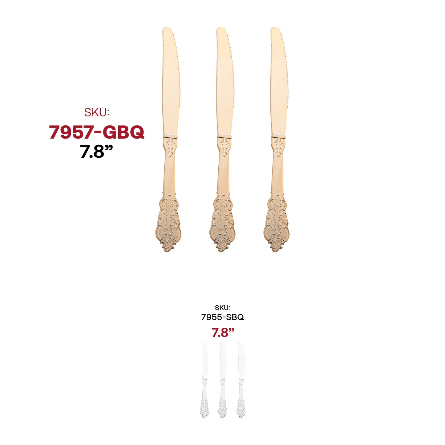 Gold disposable plastic knives featuring an intricate Baroque-style handle, ideal for elegant table settings