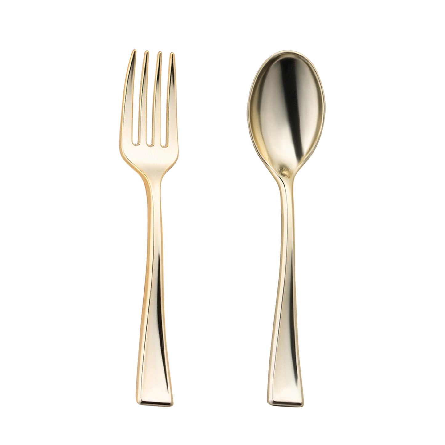 Gold disposable plastic mini flatware set in a 600-count case, each piece measuring 4", perfect for appetizers and desserts
