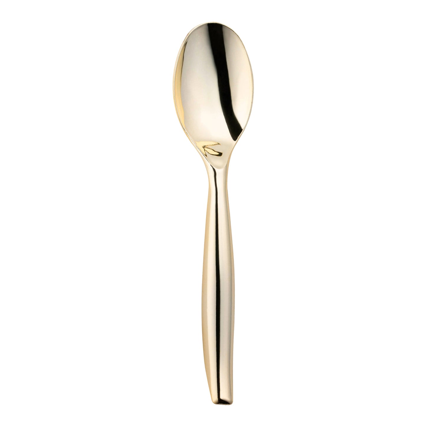 Gold disposable plastic serving spoon, 9.75 inches long, perfect for buffets and catering, case of 60.